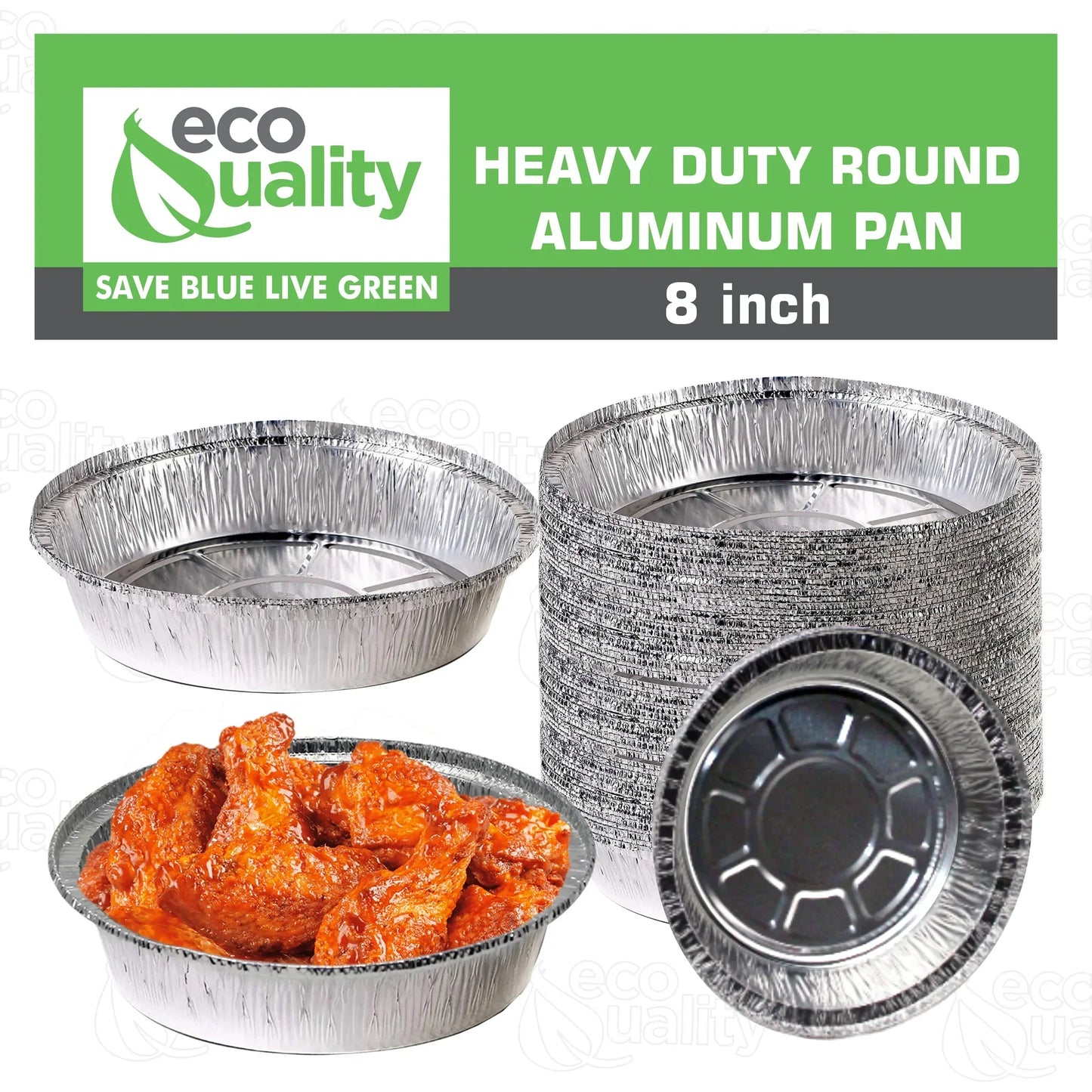 Restaurant Meal Prep Food Trucks Caterers Buffet serve Cold hot food affordable bulk economical commercial wholesale freezer safe reusable recyclable High Quality Recyclable Aluminum Take out to go container tin Round Foil Aluminum Pan ecoquality Baking Oven Cake Supplies heavy duty strong sturdy dinner lunch breakfast  entrees, appetizers, sides, or even desserts container hemmed edges silver stackable round leak proof  8 inches diameter 34 fluid ounces oz