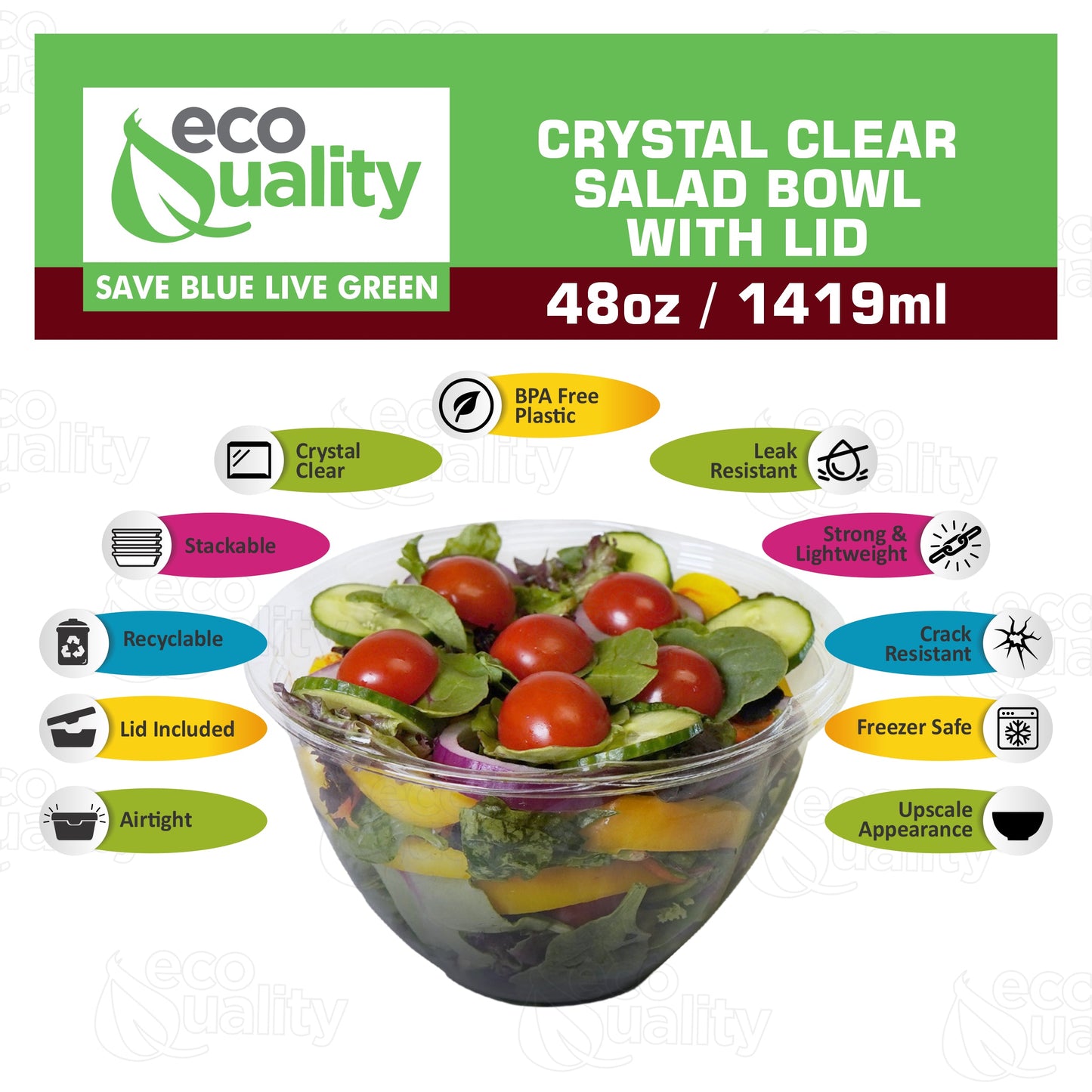 48oz Crystal Clear Plastic Disposable Salad Bowls with Lids To-Go with Lids Meal Prep Container