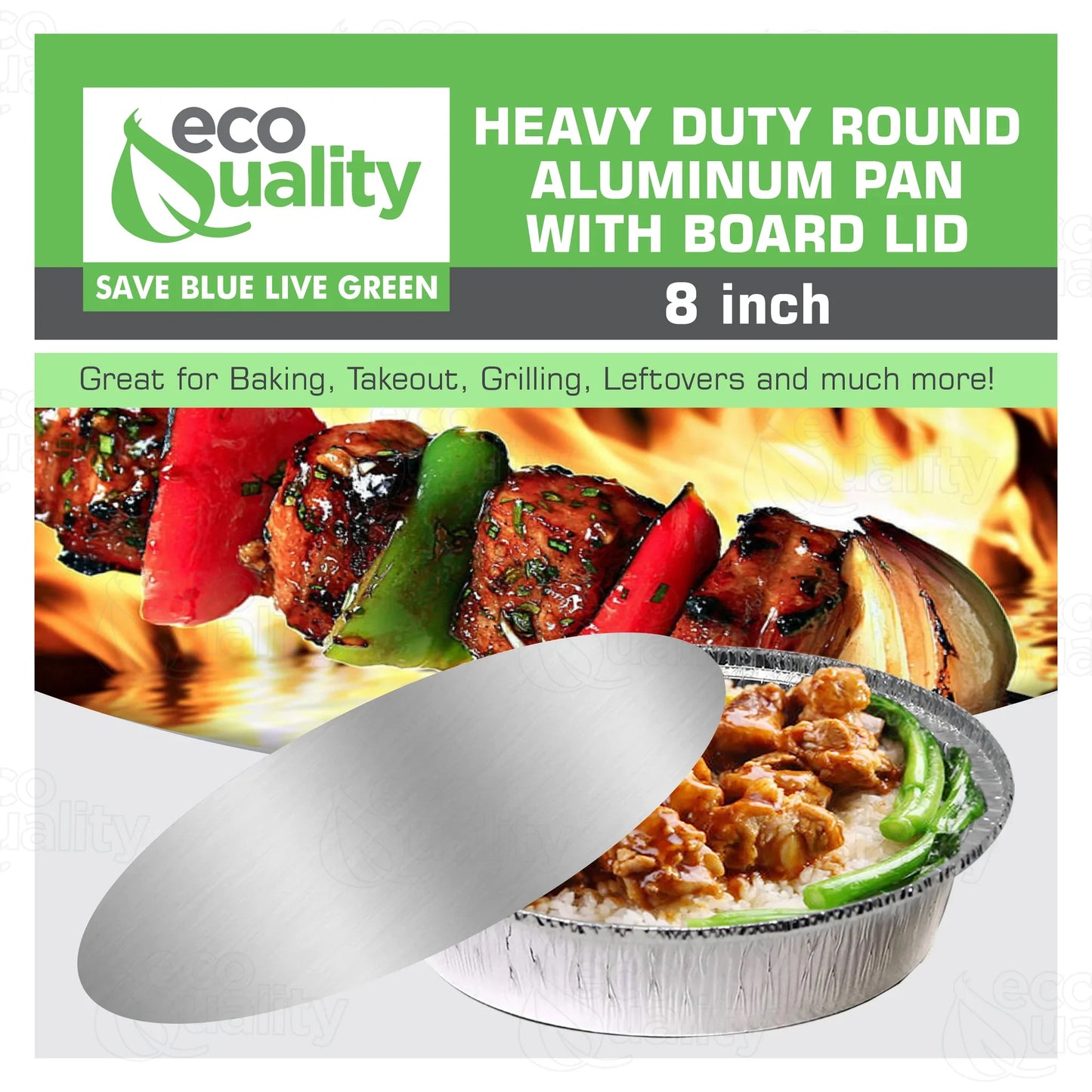 Restaurant Meal Prep Food Trucks Caterers Buffet serve Cold hot food leak proof affordable bulk economical commercial wholesale  freezer safe reusable recyclable High Quality Recyclable Aluminum Take out to go container tin Round Foil Disposable Pan ecoquality Baking Oven Cake  Supplies with flat board lid heavy duty strong sturdy  dinner lunch breakfast entrees appetizers sides desserts container hemmed edges silver stackable round leak proof 8 inches diameter 34 fluid ounces oz