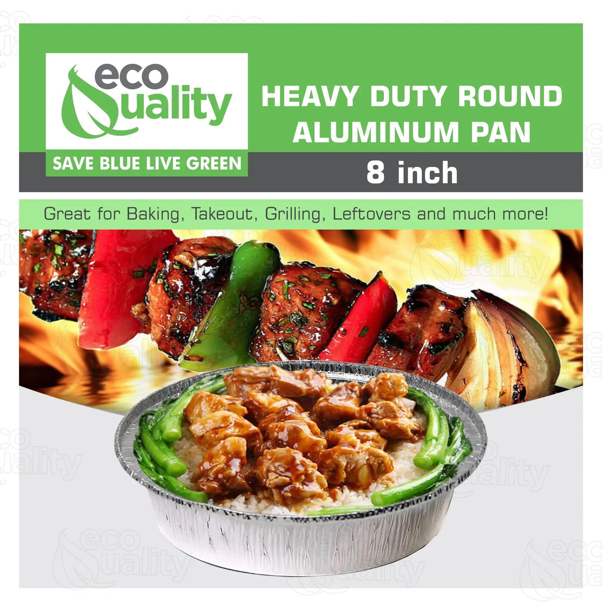 Restaurant Meal Prep Food Trucks Caterers Buffet serve Cold hot food affordable bulk economical commercial wholesale freezer safe reusable recyclable High Quality Recyclable Aluminum Take out to go container tin Round Foil Aluminum Pan ecoquality Baking Oven Cake Supplies heavy duty strong sturdy dinner lunch breakfast  entrees, appetizers, sides, or even desserts container hemmed edges silver stackable round leak proof  8 inches diameter 34 fluid ounces oz