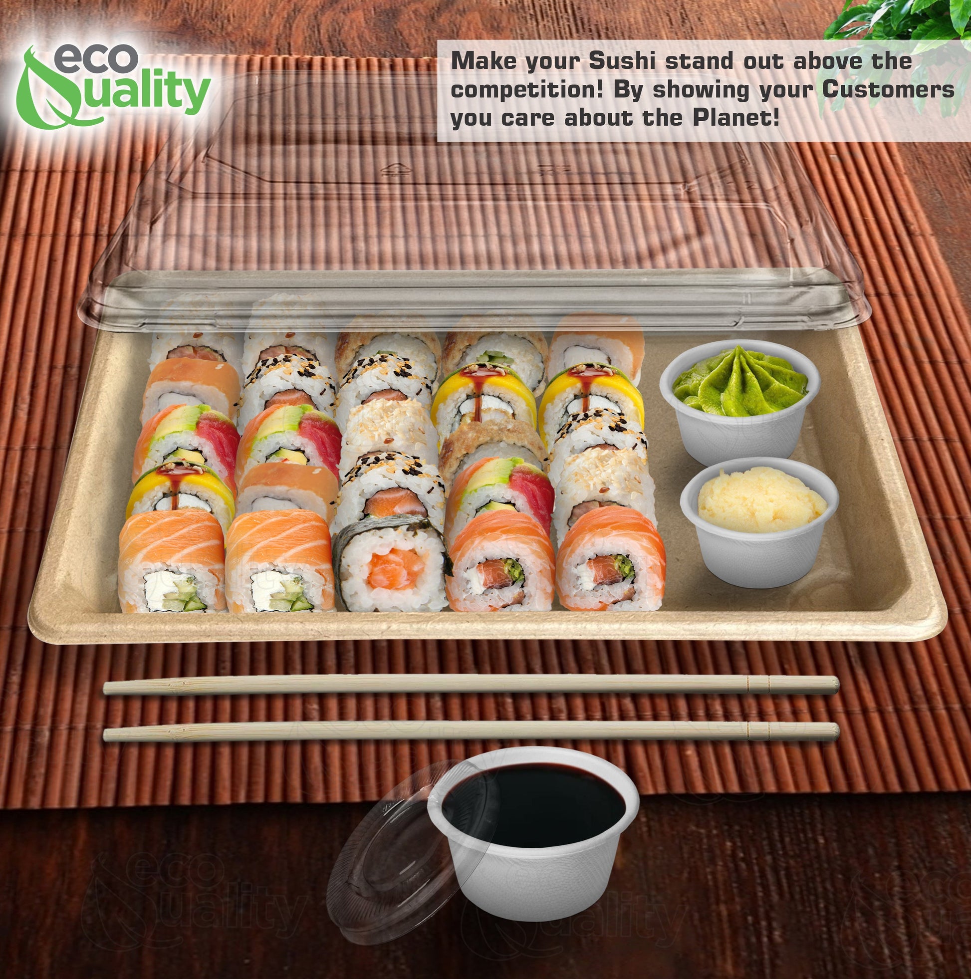 Compostable Packaging, Sustainable Sushi Tray, Eco-Friendly Food Packaging, Biodegradable Sushi Platter, Green Packaging Solution, Environmentally Friendly Tray, Zero-Waste Sushi Packaging, Bioplastics Sushi Tray, Earth-Friendly Sushi Container, Organic Waste Composting, Biodegradable Food Service, Natural Fiber Sushi Platter, Eco-conscious Sushi Packaging, Compostable Takeout Container