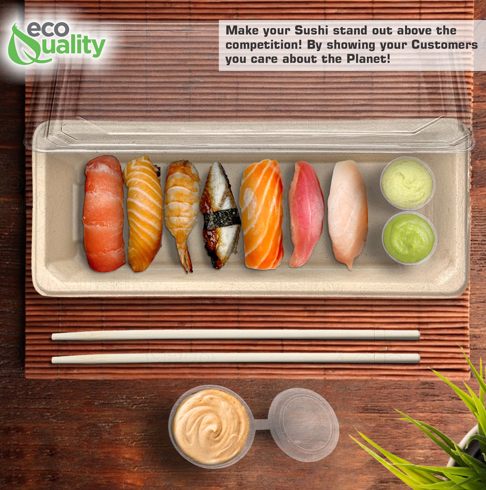 Compostable Packaging, Sustainable Sushi Tray, Eco-Friendly Food Packaging, Biodegradable Sushi Platter, Green Packaging Solution, Environmentally Friendly Tray, Zero-Waste Sushi Packaging, Bioplastics Sushi Tray, Earth-Friendly Sushi Container, Organic Waste Composting, Biodegradable Food Service, Natural Fiber Sushi Platter, Eco-conscious Sushi Packaging, Compostable Takeout Container