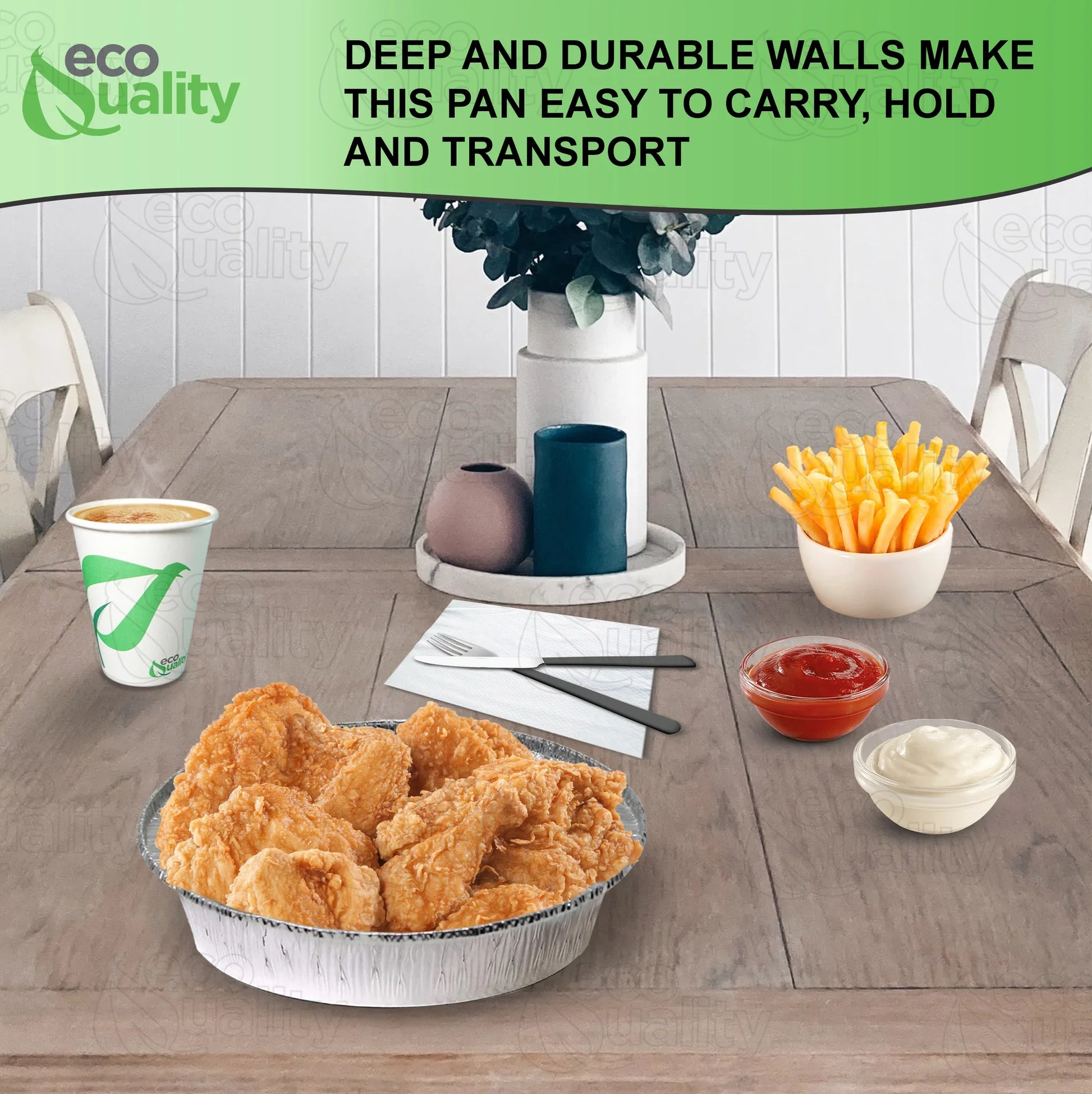 Restaurant Meal Prep Food Trucks Caterers Buffet serve Cold hot food affordable bulk economical commercial wholesale freezer safe reusable recyclable High Quality Recyclable Aluminum Take out to go container tin Round Foil Aluminum Pan ecoquality Baking Oven Cake Supplies heavy duty strong sturdy dinner lunch breakfast  entrees, appetizers, sides, or even desserts container hemmed edges silver stackable round leak proof  9 inches diameter 44 fluid ounces oz