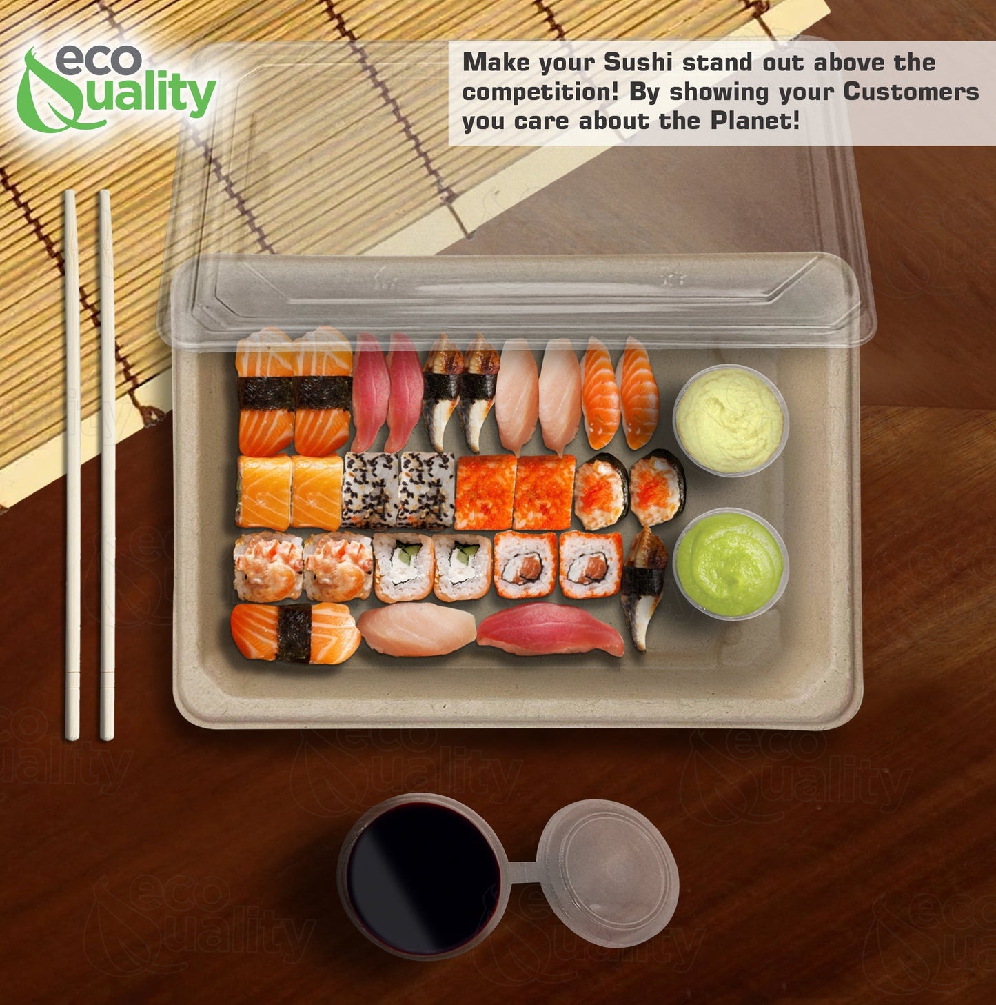 Compostable Packaging, Sustainable Sushi Tray, Eco-Friendly Food Packaging, Biodegradable Sushi Platter, Green Packaging Solution, Environmentally Friendly Tray, Zero-Waste Sushi Packaging, Bioplastics Sushi Tray, Earth-Friendly Sushi Container, Organic Waste Composting, Biodegradable Food Service, Natural Fiber Sushi Platter, Eco-conscious Sushi Packaging, Compostable Takeout Container