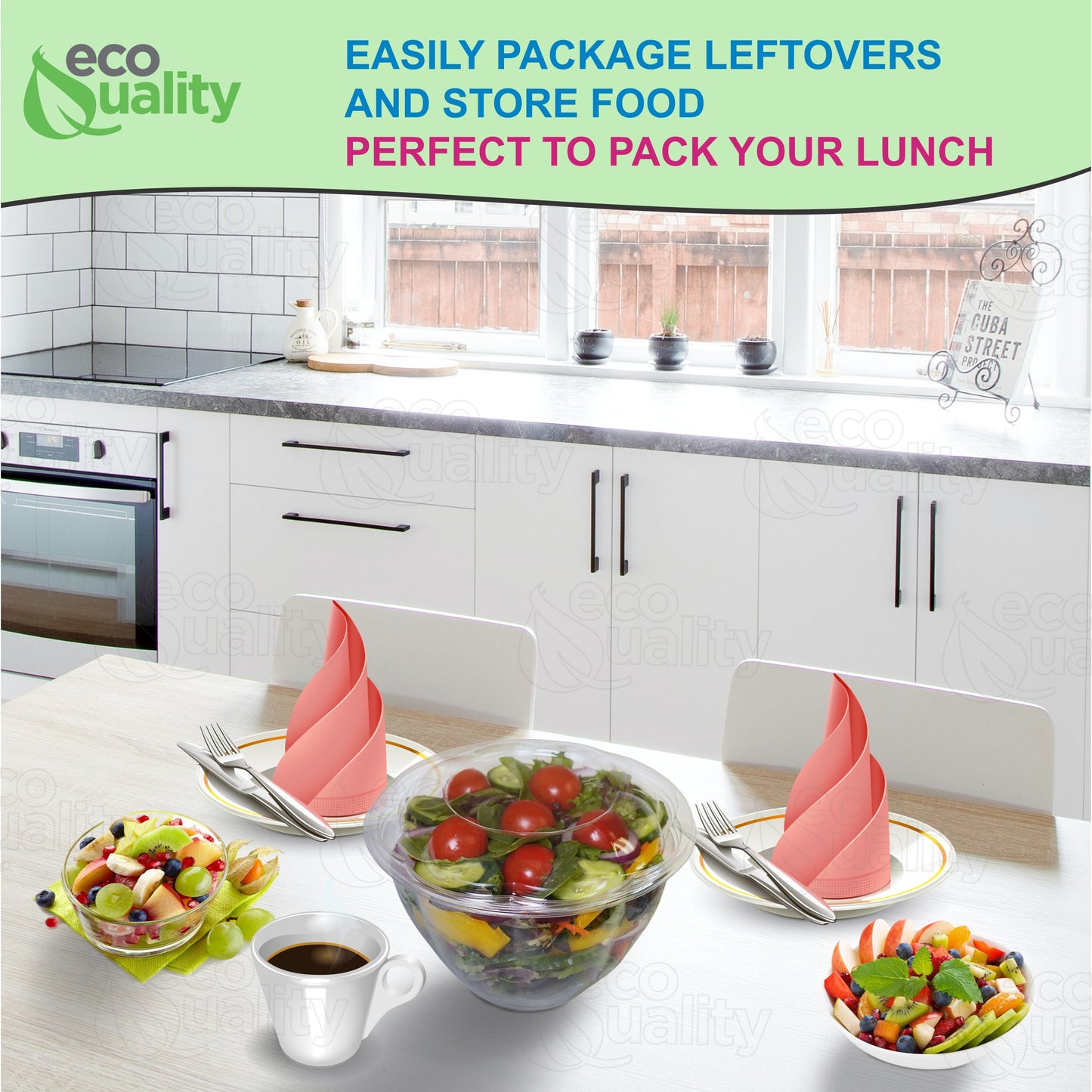 48oz Crystal Clear Plastic Disposable Salad Bowls with Lids To-Go with Lids Meal Prep Container