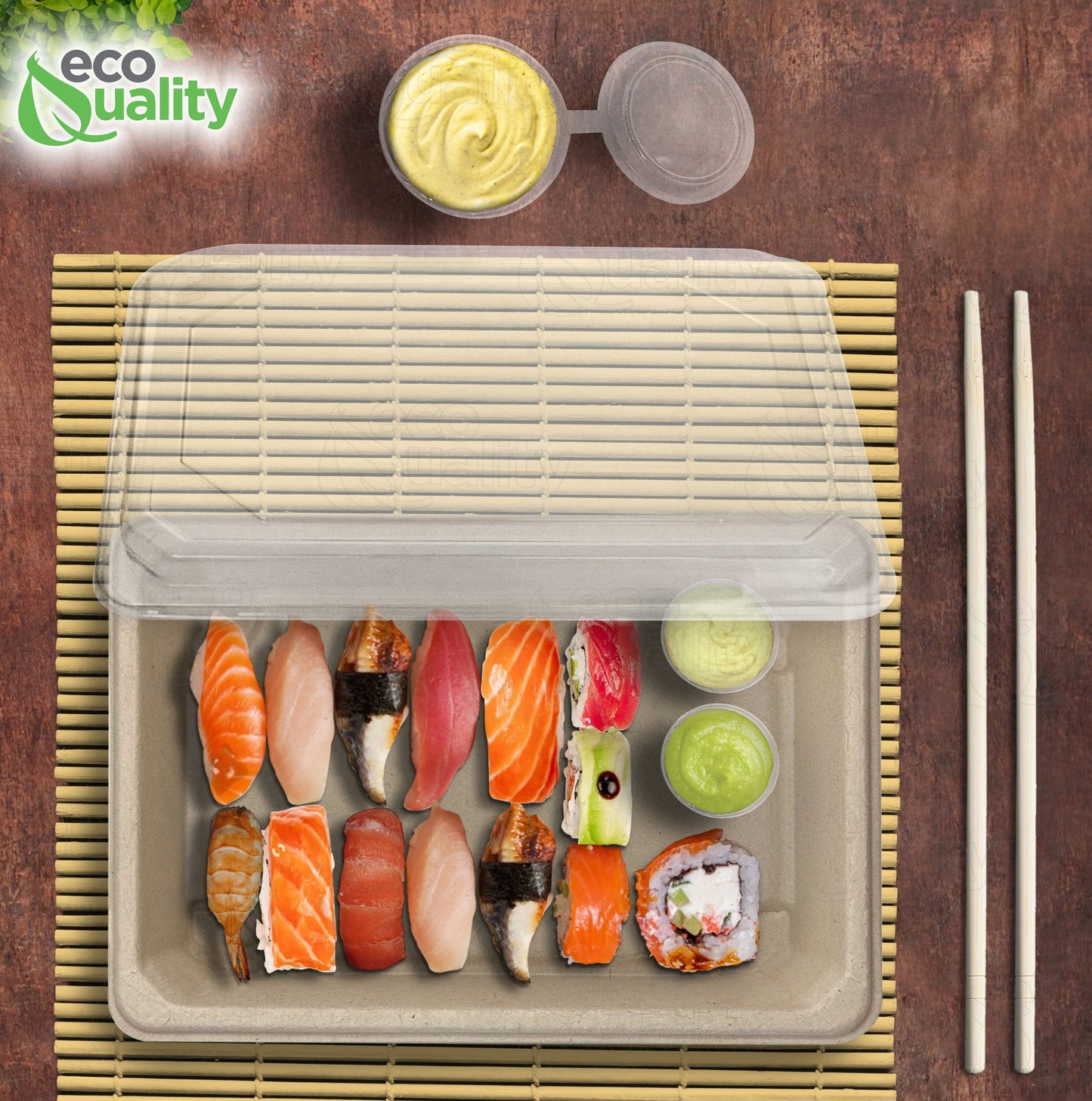 Compostable Packaging, Sustainable Sushi Tray, Eco-Friendly Food Packaging, Biodegradable Sushi Platter, Green Packaging Solution, Environmentally Friendly Tray, Zero-Waste Sushi Packaging, Bioplastics Sushi Tray, Earth-Friendly Sushi Container, Organic Waste Composting, Biodegradable Food Service, Natural Fiber Sushi Platter, Eco-conscious Sushi Packaging, Compostable Takeout Container