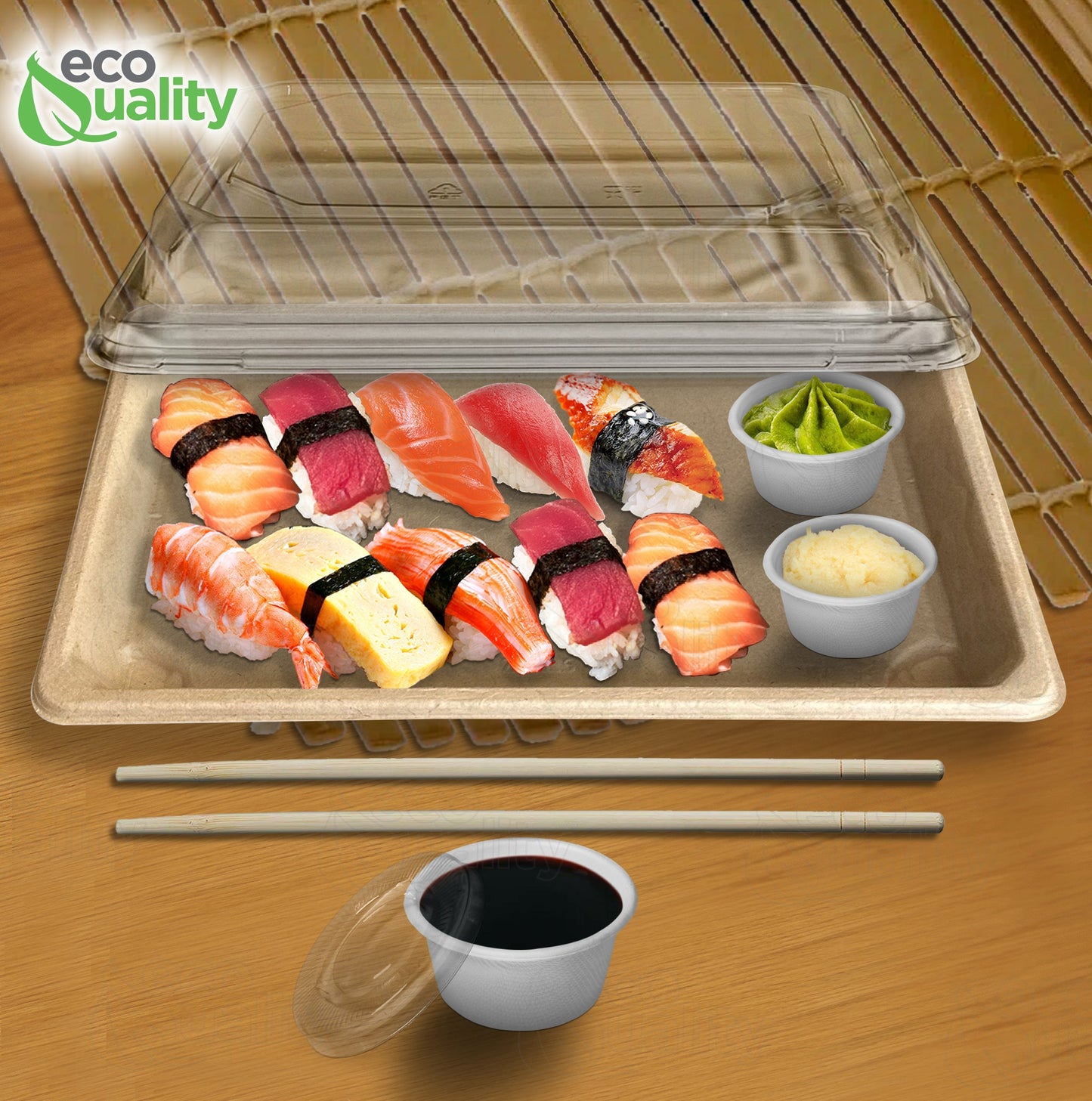 Compostable Packaging, Sustainable Sushi Tray, Eco-Friendly Food Packaging, Biodegradable Sushi Platter, Green Packaging Solution, Environmentally Friendly Tray, Zero-Waste Sushi Packaging, Bioplastics Sushi Tray, Earth-Friendly Sushi Container, Organic Waste Composting, Biodegradable Food Service, Natural Fiber Sushi Platter, Eco-conscious Sushi Packaging, Compostable Takeout Container