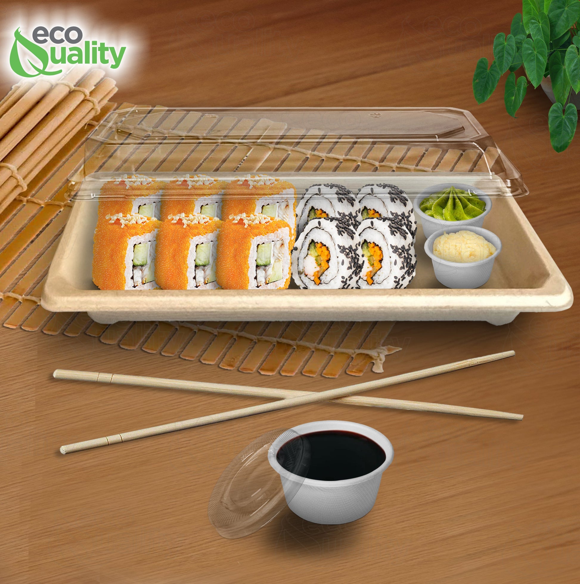 Compostable Packaging, Sustainable Sushi Tray, Eco-Friendly Food Packaging, Biodegradable Sushi Platter, Green Packaging Solution, Environmentally Friendly Tray, Zero-Waste Sushi Packaging, Bioplastics Sushi Tray, Earth-Friendly Sushi Container, Organic Waste Composting, Biodegradable Food Service, Natural Fiber Sushi Platter, Eco-conscious Sushi Packaging, Compostable Takeout Container