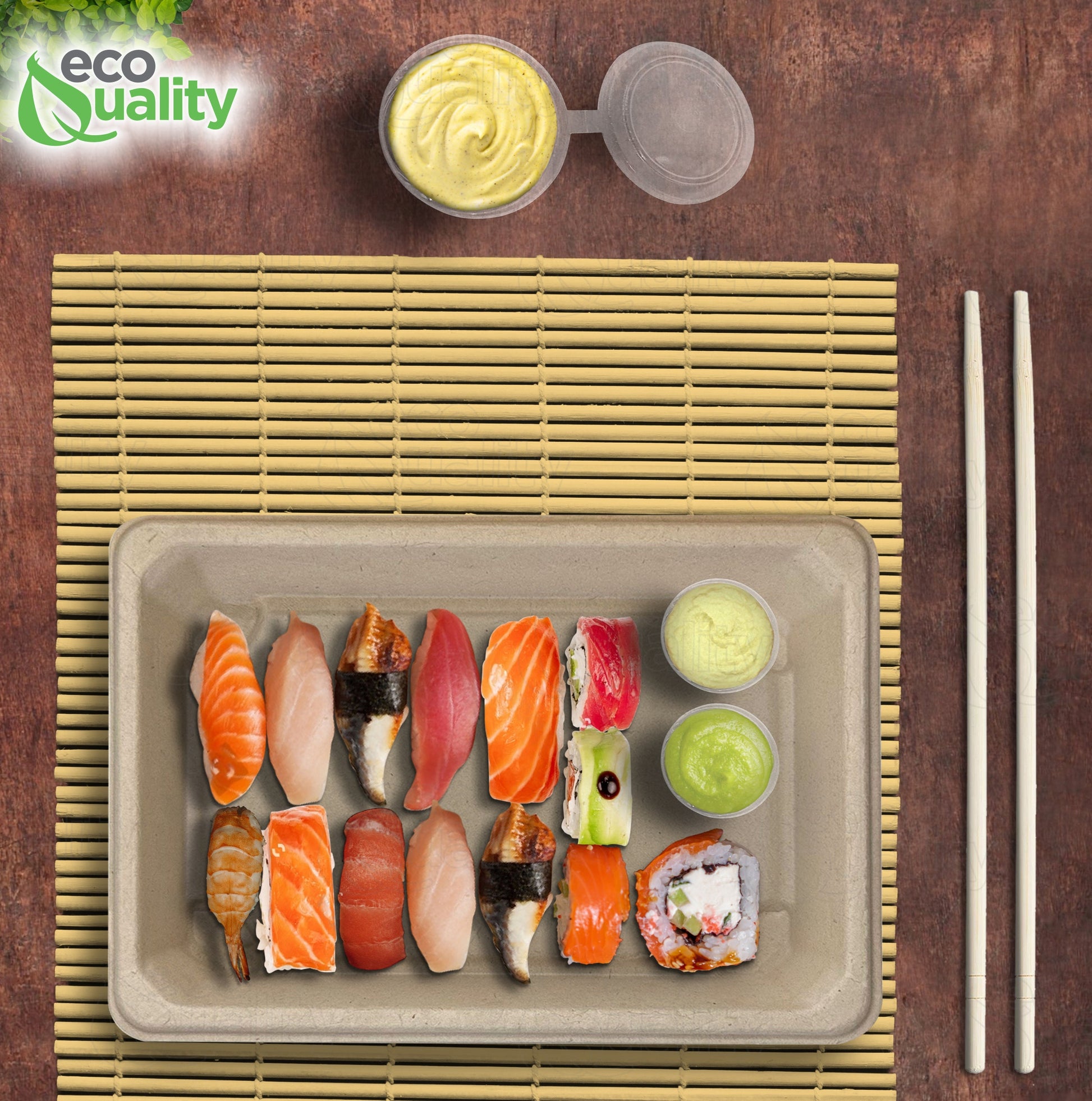 Compostable Packaging, Sustainable Sushi Tray, Eco-Friendly Food Packaging, Biodegradable Sushi Platter, Green Packaging Solution, Environmentally Friendly Tray, Zero-Waste Sushi Packaging, Bioplastics Sushi Tray, Earth-Friendly Sushi Container, Organic Waste Composting, Biodegradable Food Service, Natural Fiber Sushi Platter, Eco-conscious Sushi Packaging, Compostable Takeout Container