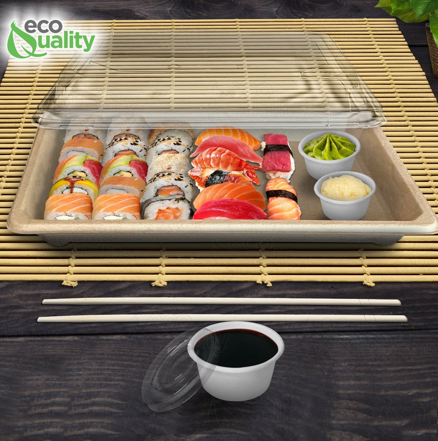 Compostable Packaging, Sustainable Sushi Tray, Eco-Friendly Food Packaging, Biodegradable Sushi Platter, Green Packaging Solution, Environmentally Friendly Tray, Zero-Waste Sushi Packaging, Bioplastics Sushi Tray, Earth-Friendly Sushi Container, Organic Waste Composting, Biodegradable Food Service, Natural Fiber Sushi Platter, Eco-conscious Sushi Packaging, Compostable Takeout Container