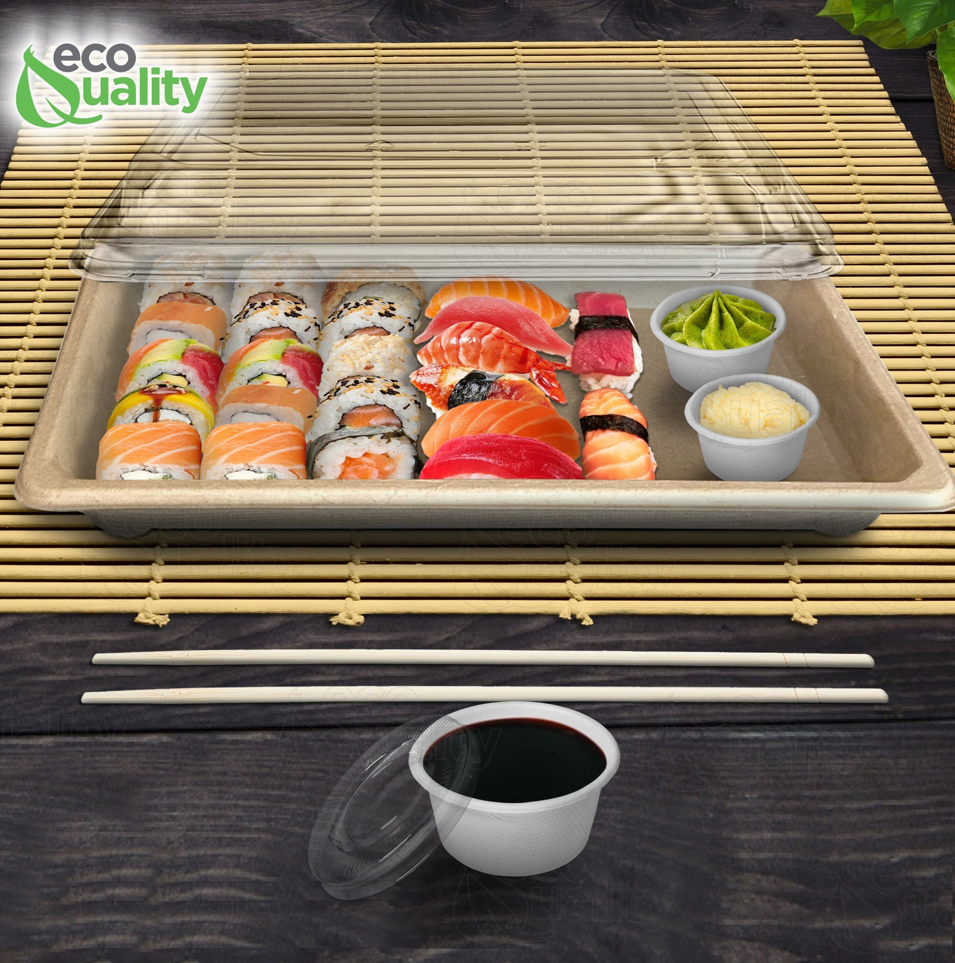 Compostable Packaging, Sustainable Sushi Tray, Eco-Friendly Food Packaging, Biodegradable Sushi Platter, Green Packaging Solution, Environmentally Friendly Tray, Zero-Waste Sushi Packaging, Bioplastics Sushi Tray, Earth-Friendly Sushi Container, Organic Waste Composting, Biodegradable Food Service, Natural Fiber Sushi Platter, Eco-conscious Sushi Packaging, Compostable Takeout Container