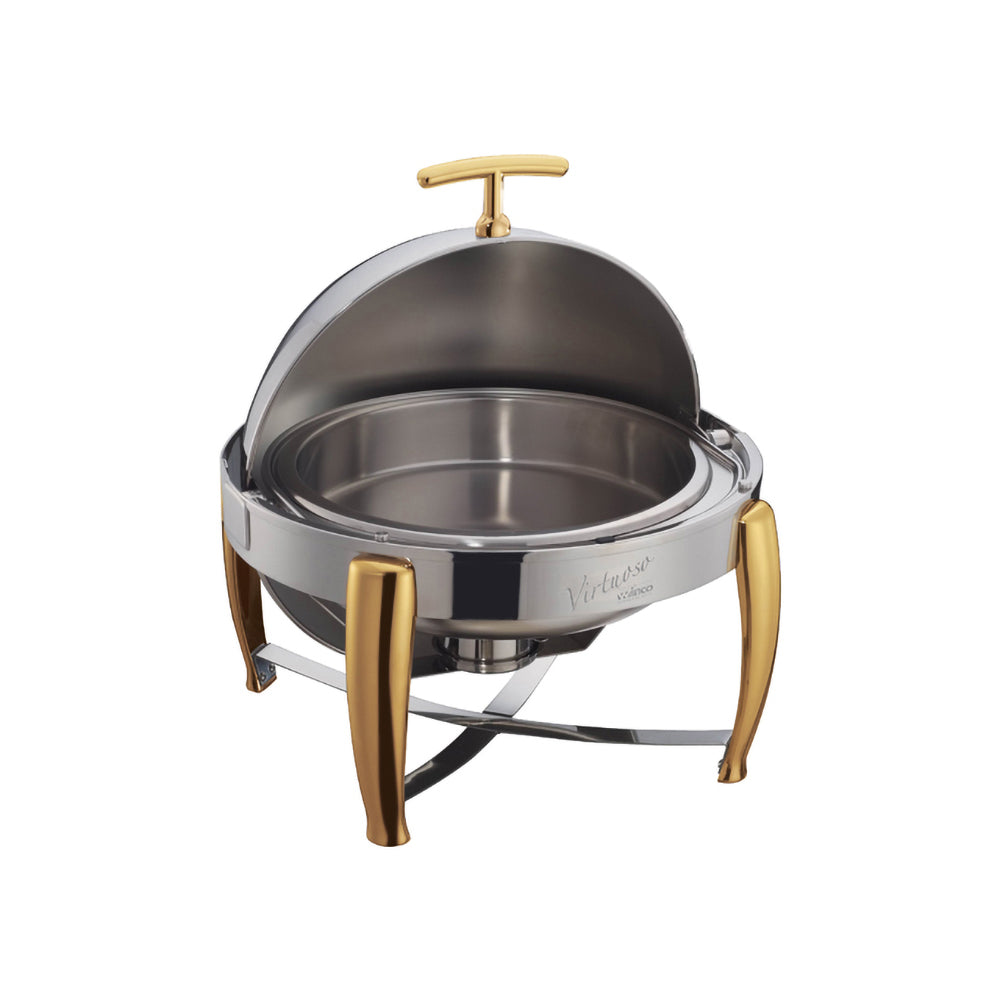 A 6 quart round Virtuoso extra heavyweight chafer consisting of a round polished stainless steel chafer with roll top lid and a sturdy frame. The chafer is set up with a water pan, food pan, and fuel holder for maintaining consistent temperature and keeping food warm. The chafer is ideal for catering or large scale buffet events
