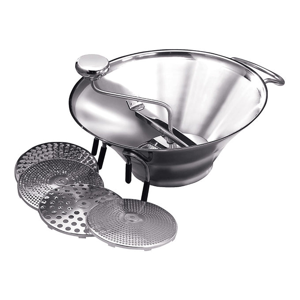 stainless steel 12 12.75 inch diameter food mill with interchangeable cutting plates for straining pureeing and mixing cooked foods without skin or seeds easy to use accessible crank a handle and support legs to keep steady change the plates according to your needs