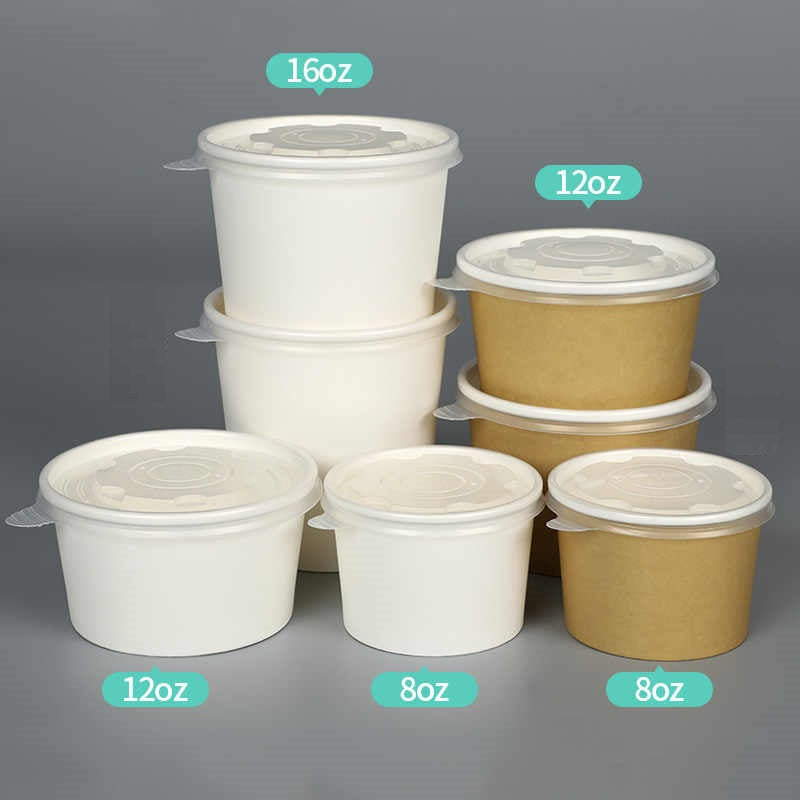 Disposable White Paper Soup Containers with Plastic Lids - White Ice Cream Containers / Yogurt Cups with Plastic Lids (8oz, 12oz, 16oz, 26oz, 32oz)