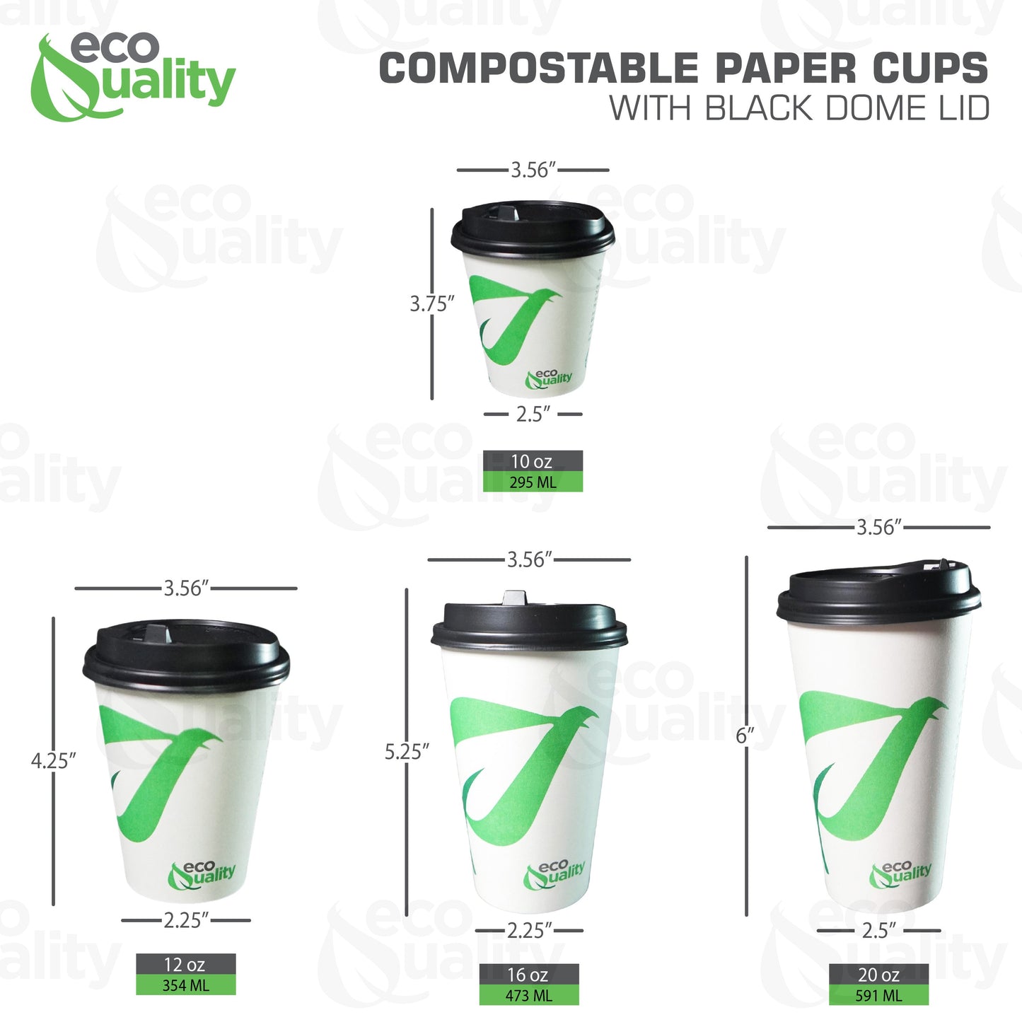 12oz Disposable Compostable Biodegradable White Paper Coffee Cups with Black Dome Lids