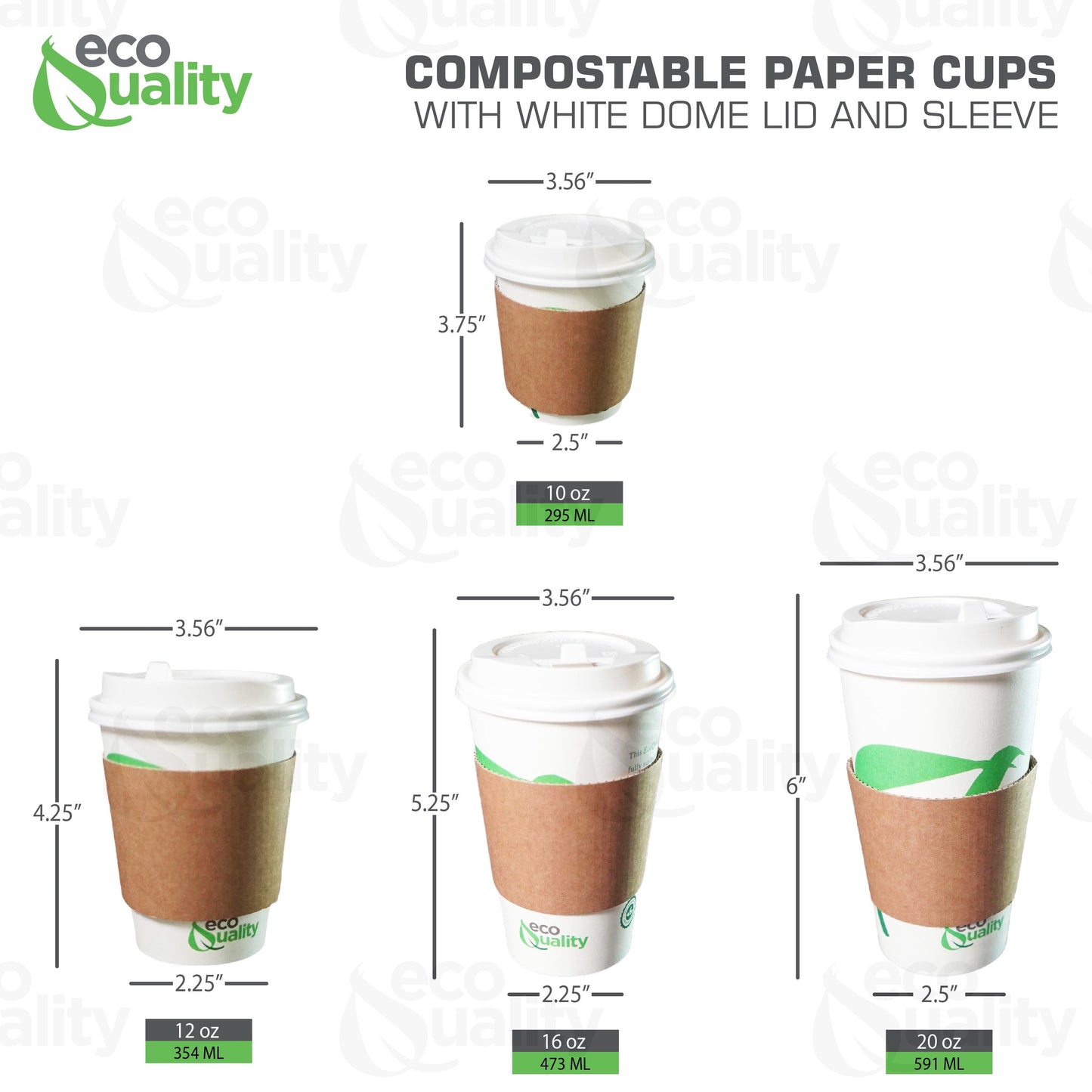 10oz Disposable Compostable Biodegradable White Paper Coffee Cups with White Dome Lids and Sleeves