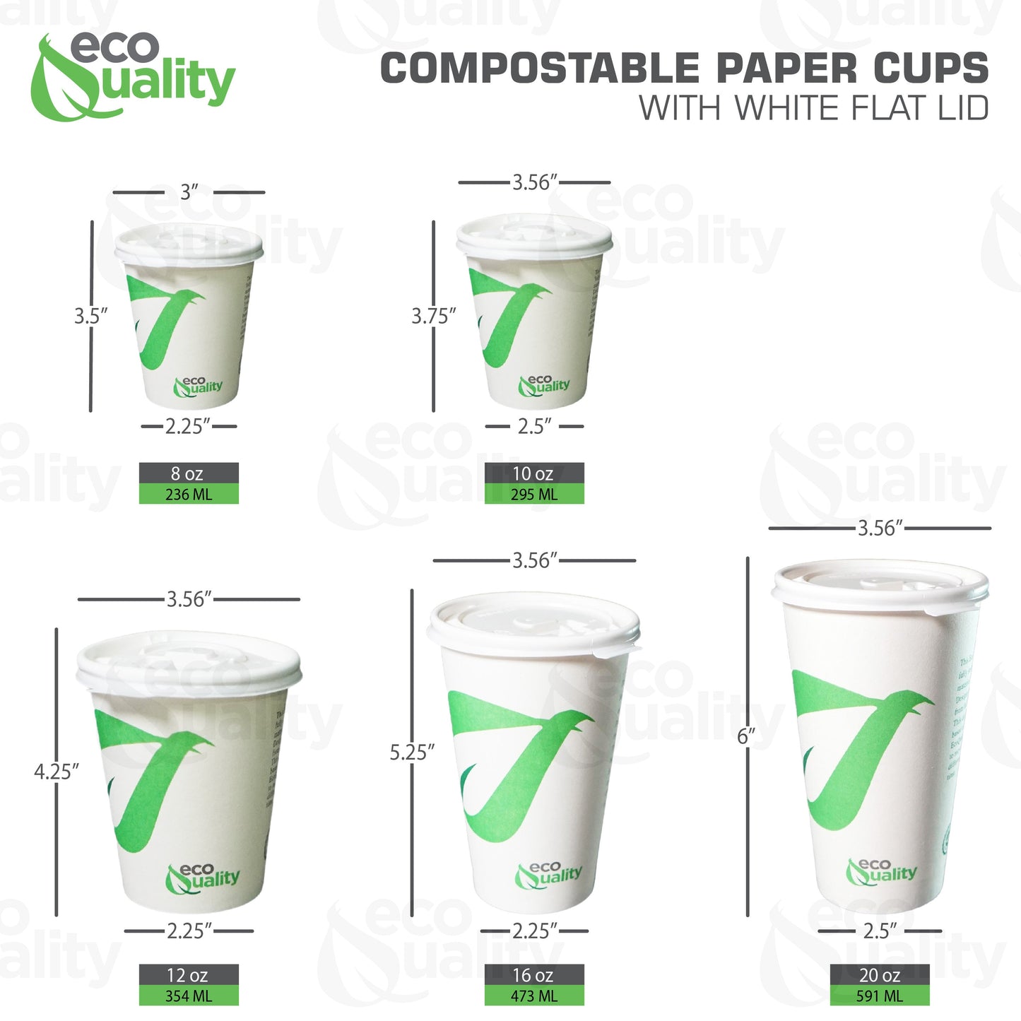 12oz Disposable Compostable Biodegradable White Paper Coffee Cups with White Dome Lids