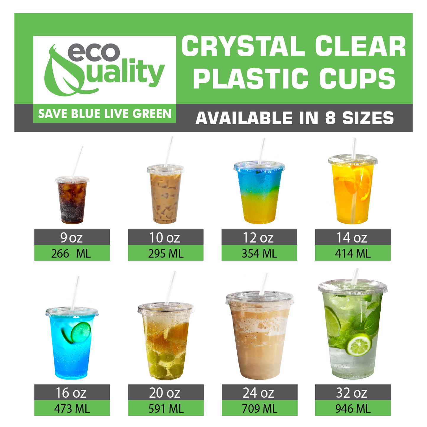 32oz Disposable Pet Clear Plastic Smoothie Cups with Clear Flat Lids with White Straws