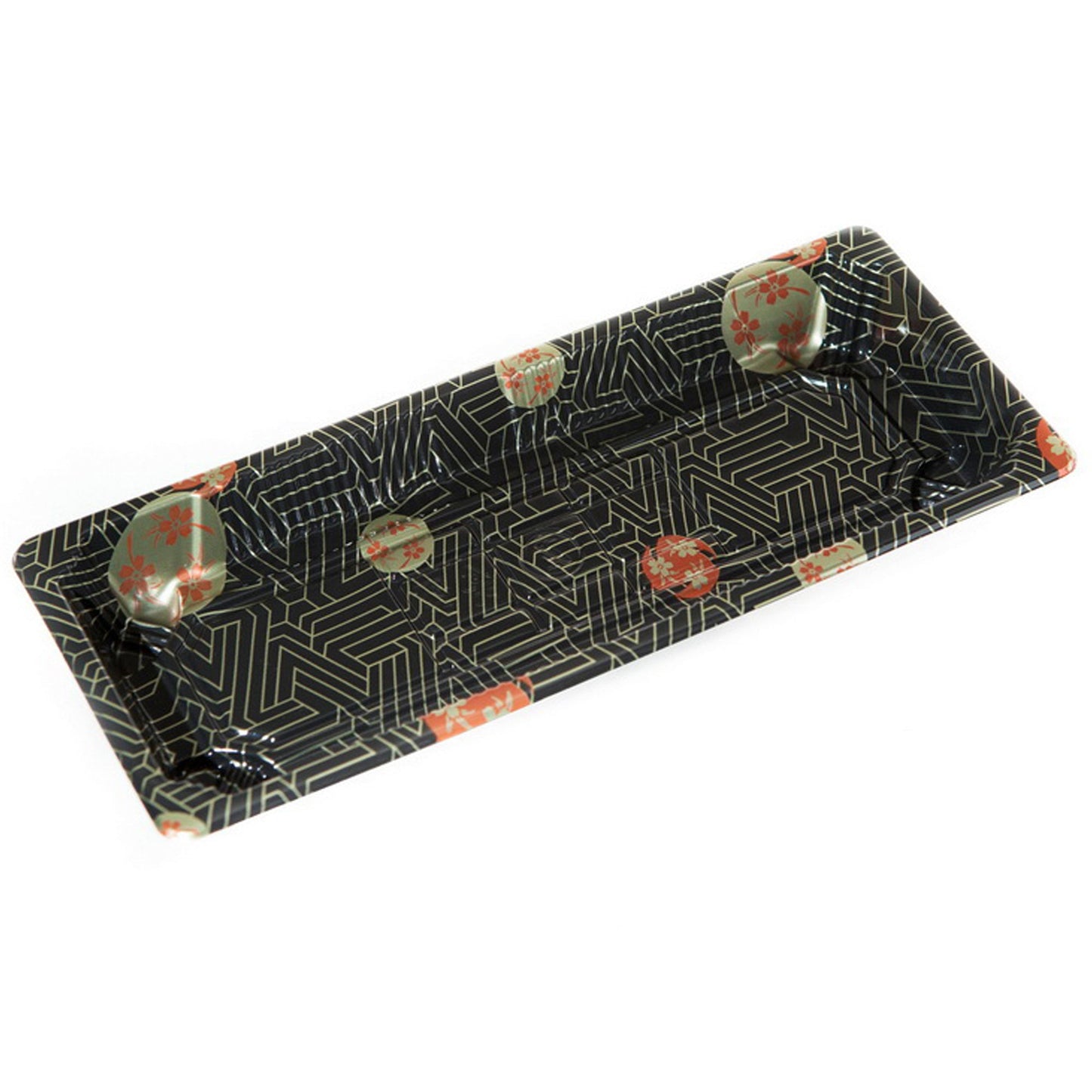 TZ-001 Disposable Black Sakura Design Take Out Sushi Trays with Clear Lids 8 3/4" X 3 3/4" X 7/8"