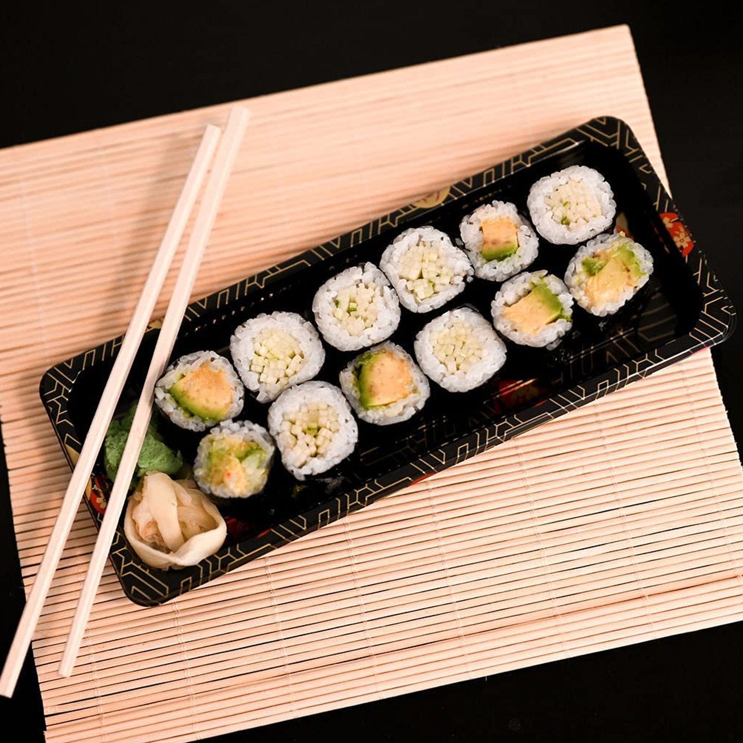 TZ-001 Disposable Black Sakura Design Take Out Sushi Trays with Clear Lids 8 3/4" X 3 3/4" X 7/8"