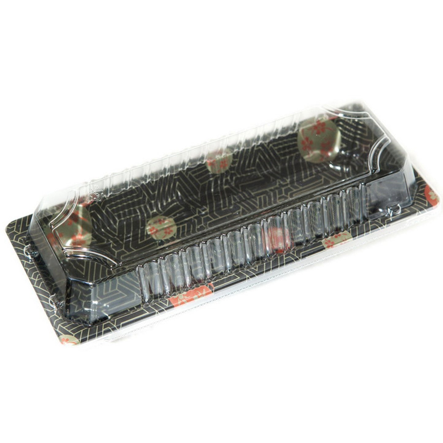 TZ-001 Disposable Black Sakura Design Take Out Sushi Trays with Clear Lids 8 3/4" X 3 3/4" X 7/8"