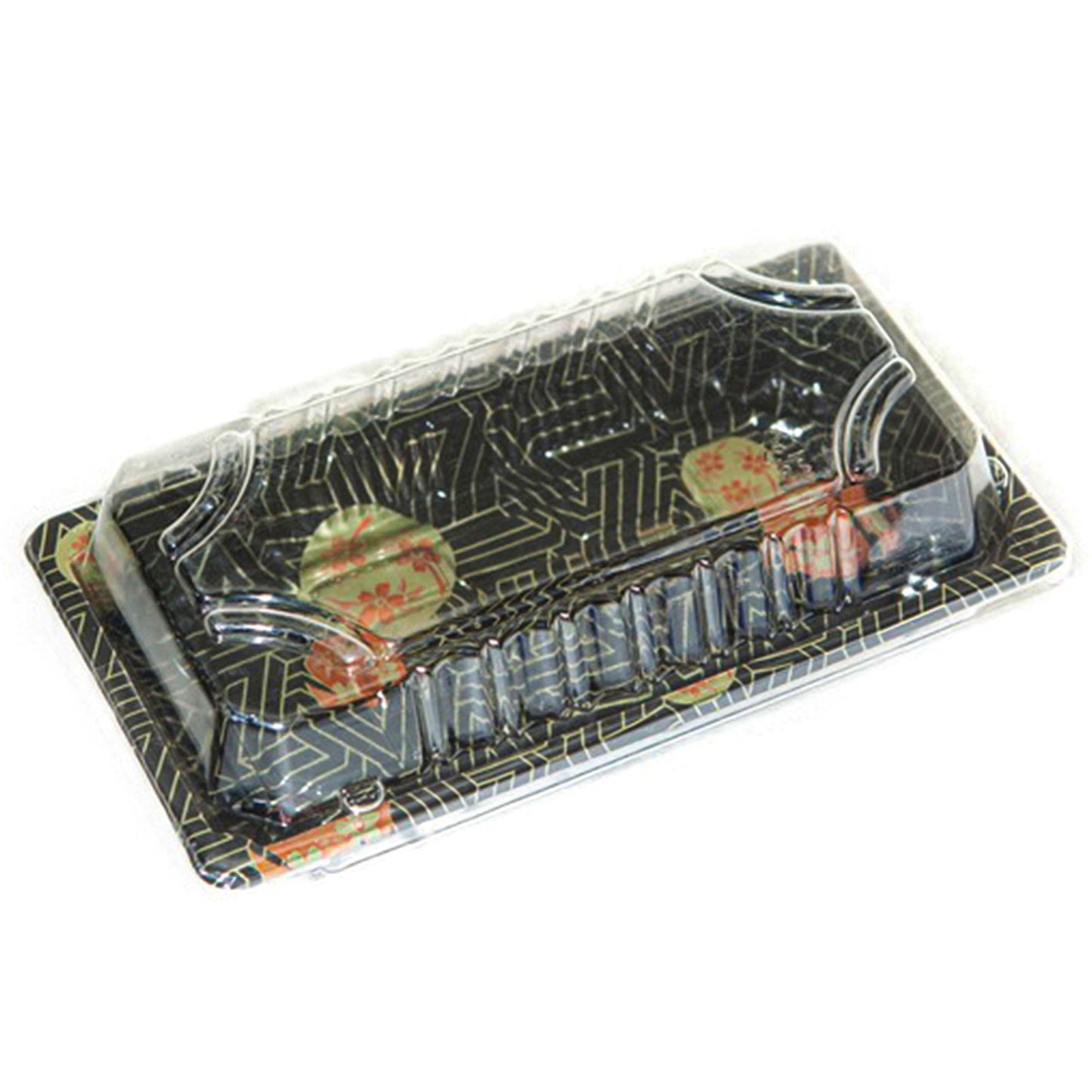 TZ-0.6 Disposable Black Sakura Design Take Out Sushi Trays with Clear Lids  6 3/8" X 3 1/2" X 3/4"