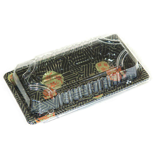 TZ-0.6 Disposable Black Sakura Design Take Out Sushi Trays with Clear Lids  6 3/8" X 3 1/2" X 3/4"
