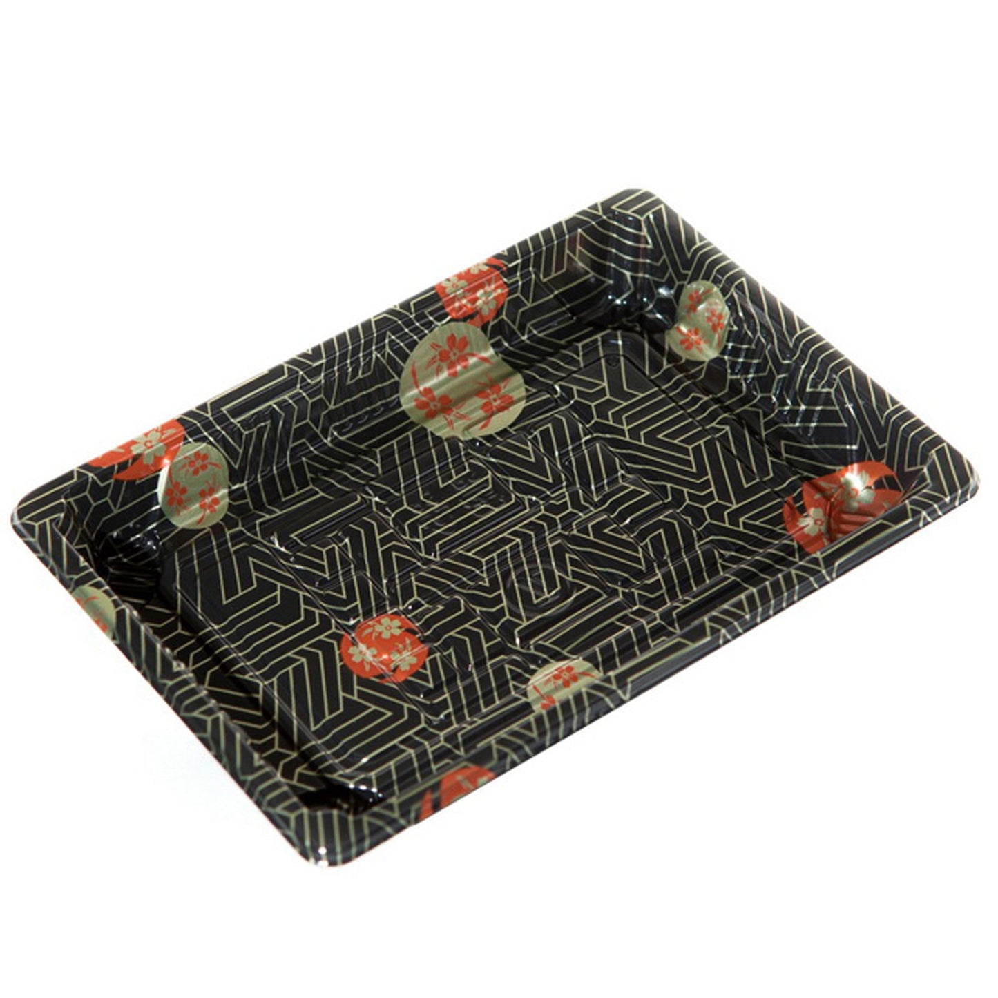 TZ-008 Disposable Black Sakura Design Take Out Sushi Trays 6 1/2" X 4 1/2" X 3/4"
