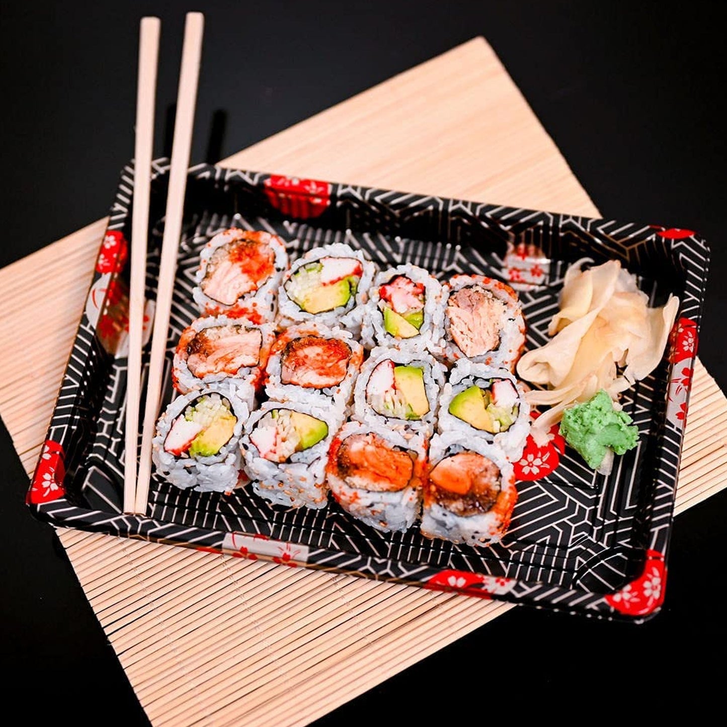 TZ-008 Disposable Black Sakura Design Take Out Sushi Trays 6 1/2" X 4 1/2" X 3/4"