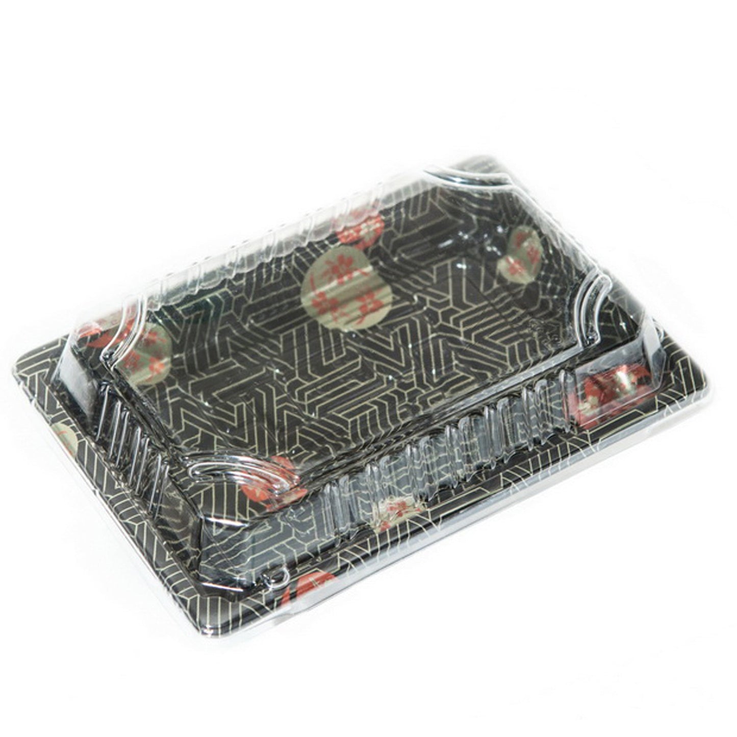 TZ-008 Disposable Black Sakura Design Take Out Sushi Trays with Clear Lids 6 1/2" X 4 1/2" X 3/4"