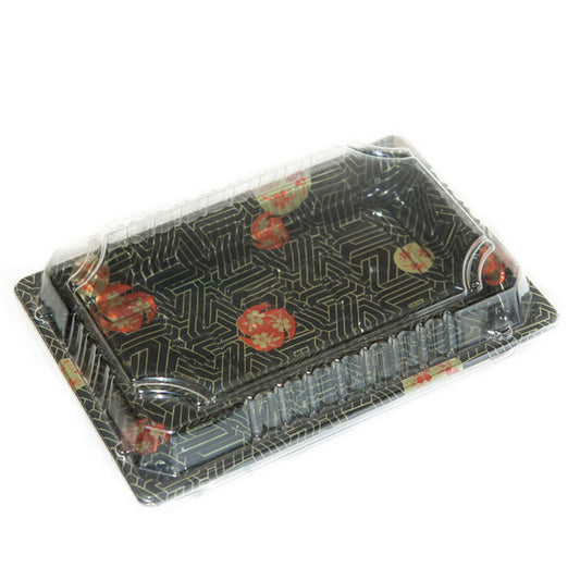 TZ-010 Disposable Black Sakura Design Take Out Sushi Trays with Clear Lids 7 3/8" X 5 1/8" X 7/8"