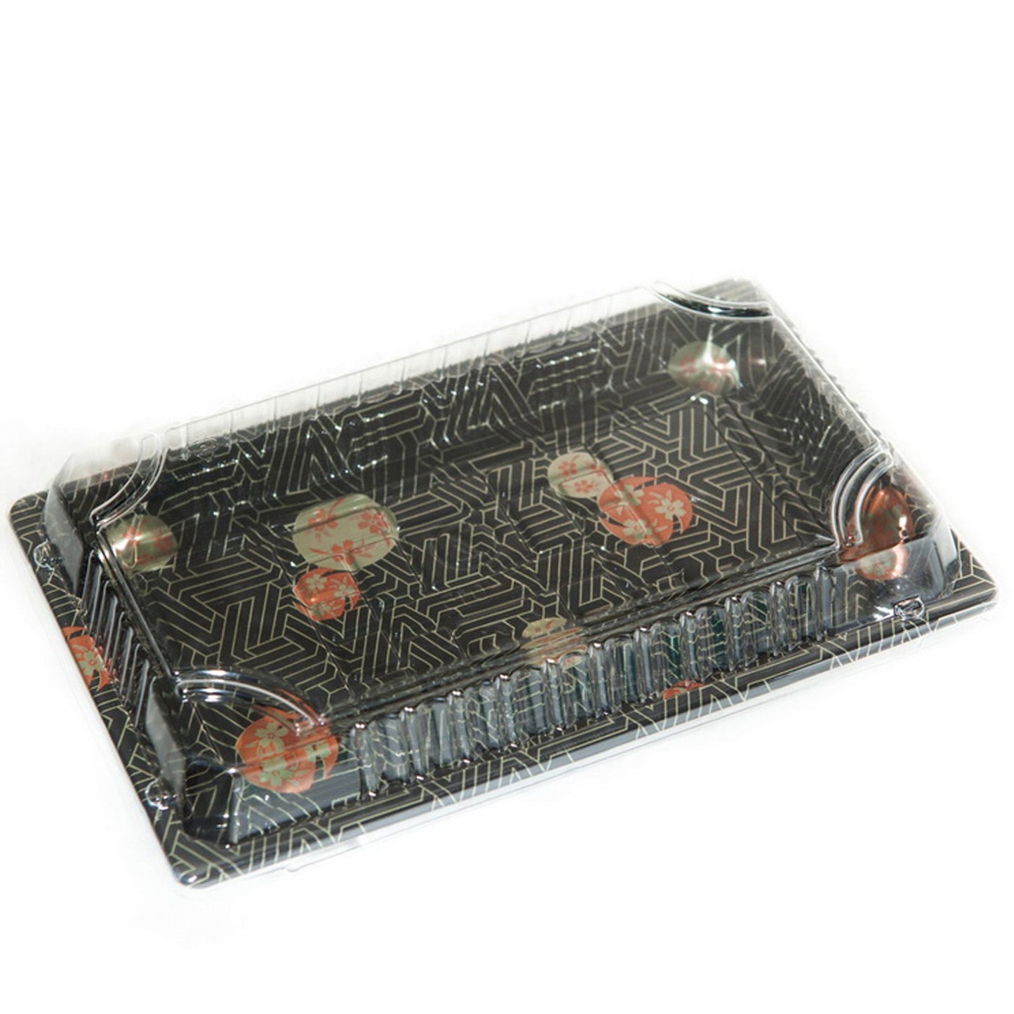 TZ-015 Disposable Black Sakura Design Take Out Sushi Trays with Clear Lids 8 1/2" X 5 1/4" X 5/8"