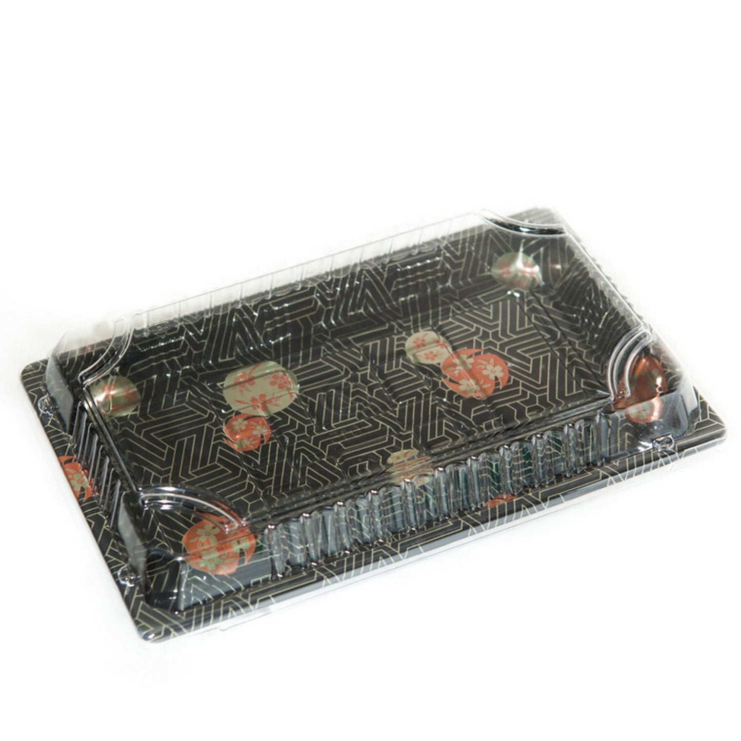 TZ-015 Disposable Black Sakura Design Take Out Sushi Trays with Clear Lids 8 1/2" X 5 1/4" X 5/8"