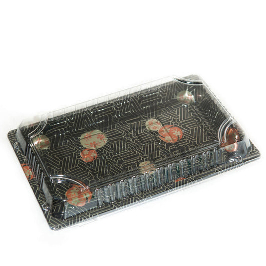 TZ-015 Disposable Black Sakura Design Take Out Sushi Trays with Clear Lids 8 1/2" X 5 1/4" X 5/8"
