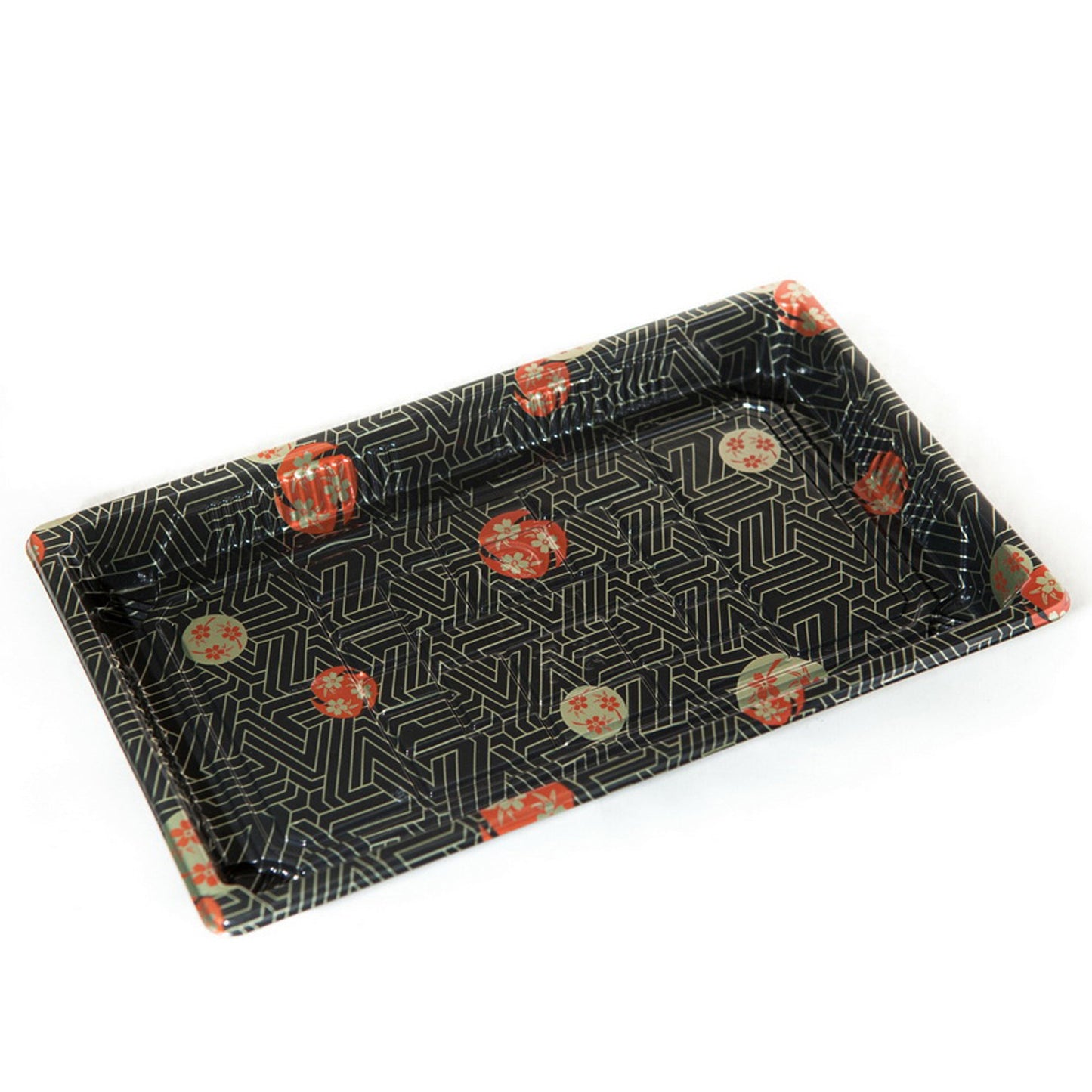 TZ-020 Disposable Black Sakura Design Take Out Sushi Trays with Clear Lids 9 1/4" X 5 3/4" X 3/4"