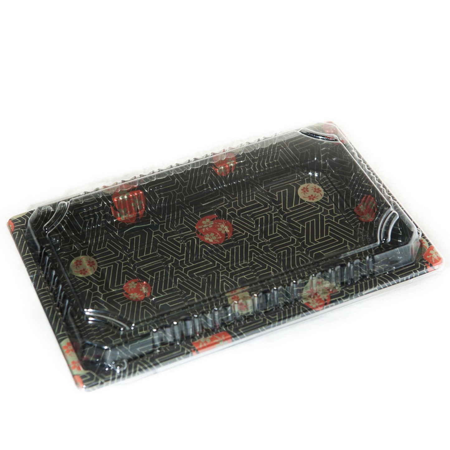TZ-020 Disposable Black Sakura Design Take Out Sushi Trays with Clear Lids 9 1/4" X 5 3/4" X 3/4"