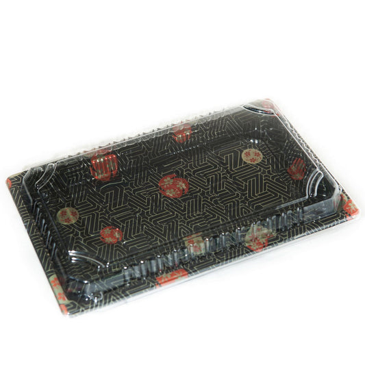 TZ-020 Disposable Black Sakura Design Take Out Sushi Trays with Clear Lids 9 1/4" X 5 3/4" X 3/4"