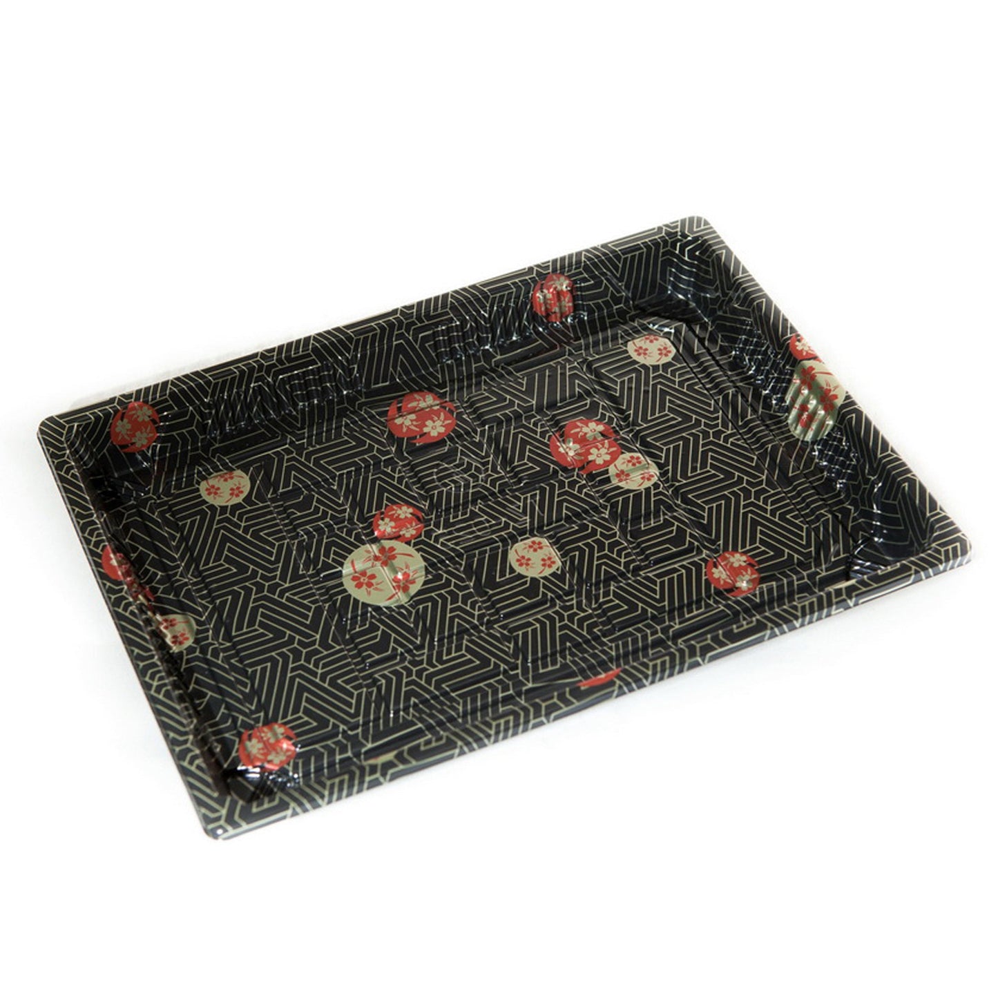 TZ-025 Disposable Black Sakura Design Take Out Sushi Trays with Clear Lids 10 1/4" X 7 3/8" X 7/8"