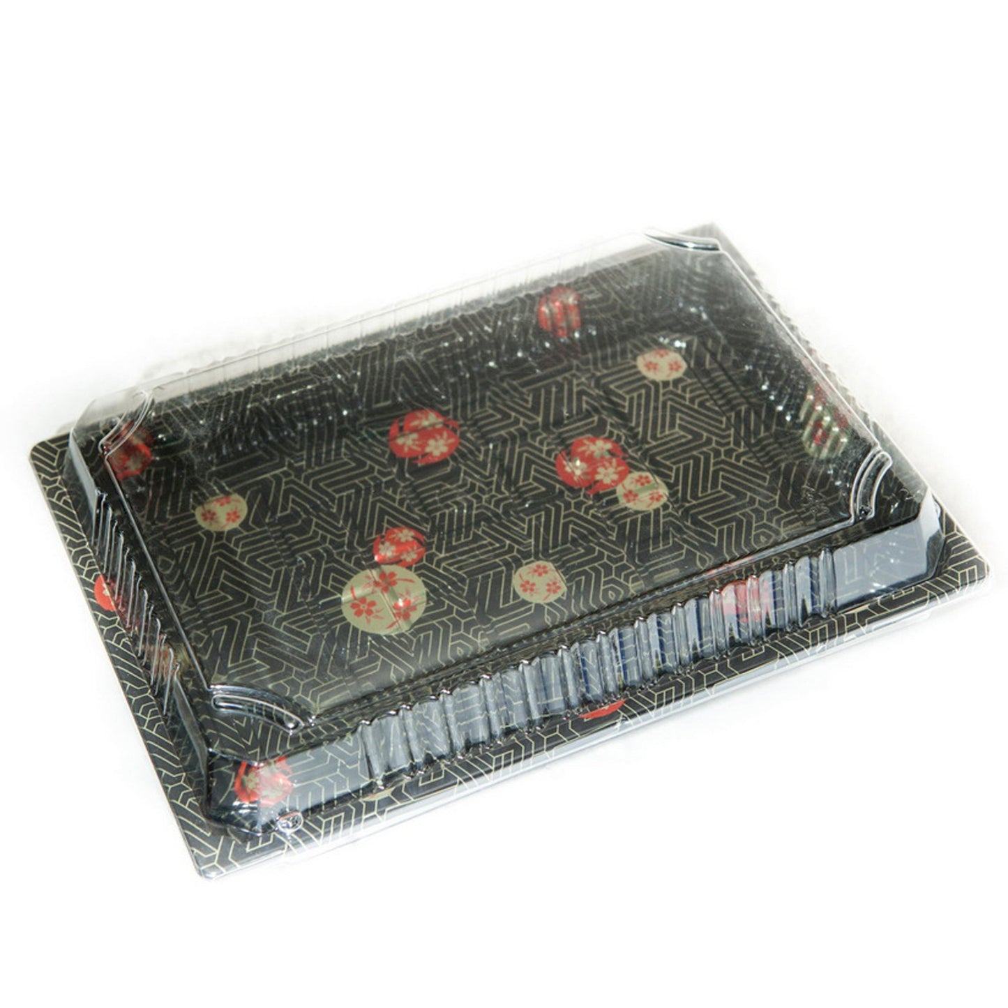 TZ-025 Disposable Black Sakura Design Take Out Sushi Trays with Clear Lids 10 1/4" X 7 3/8" X 7/8"