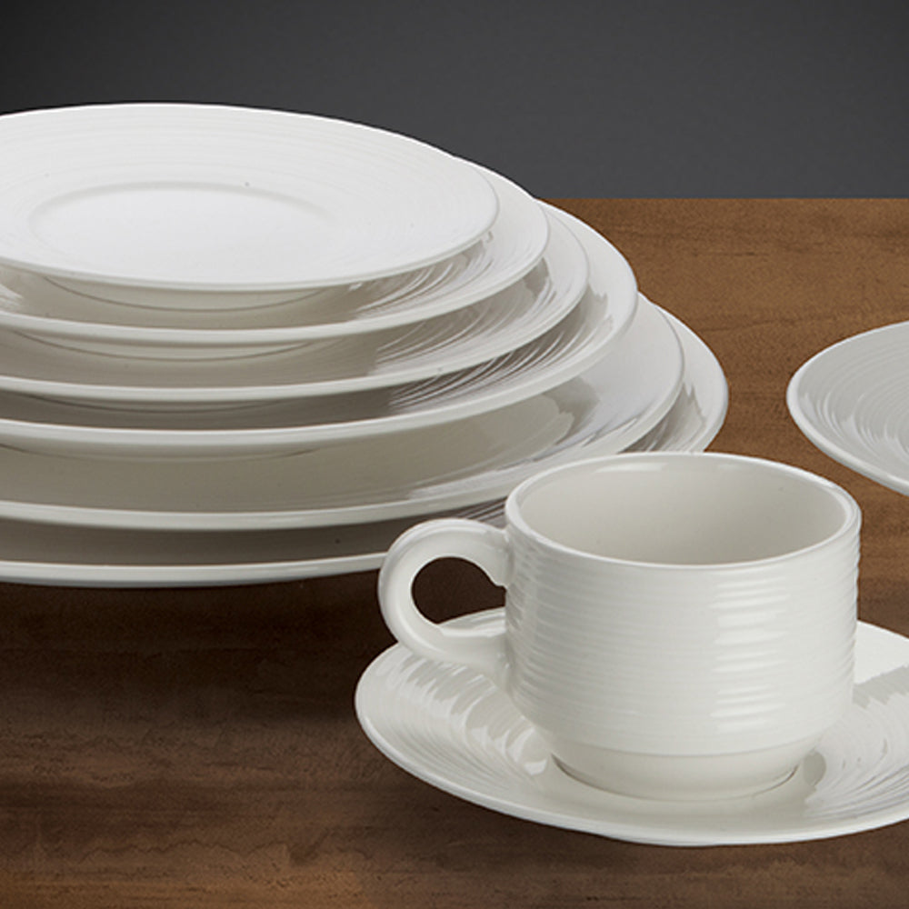 6 inch porcelain white saucer support plate with linear embossment design microwave and dishwasher safe easy to use and clean stackable chip stain and scratch resistant