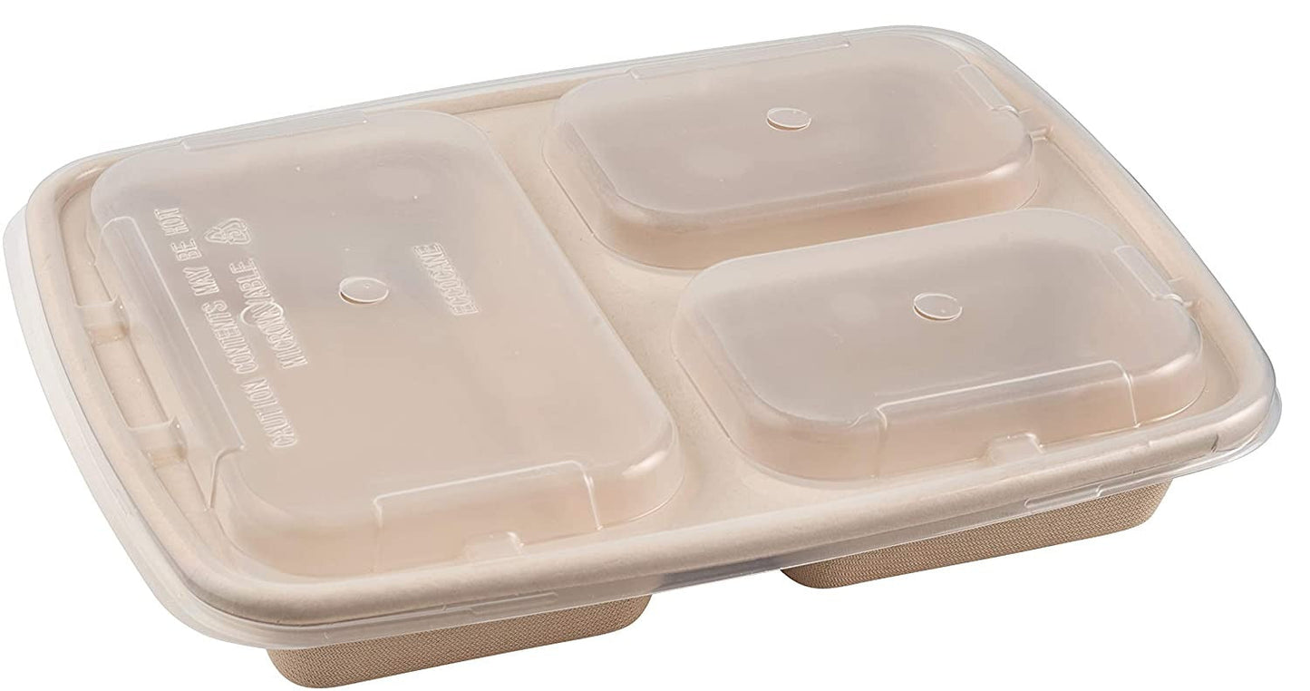 Compostable 36oz 3 Compartment Food Storage Container with Lids Sugarcane