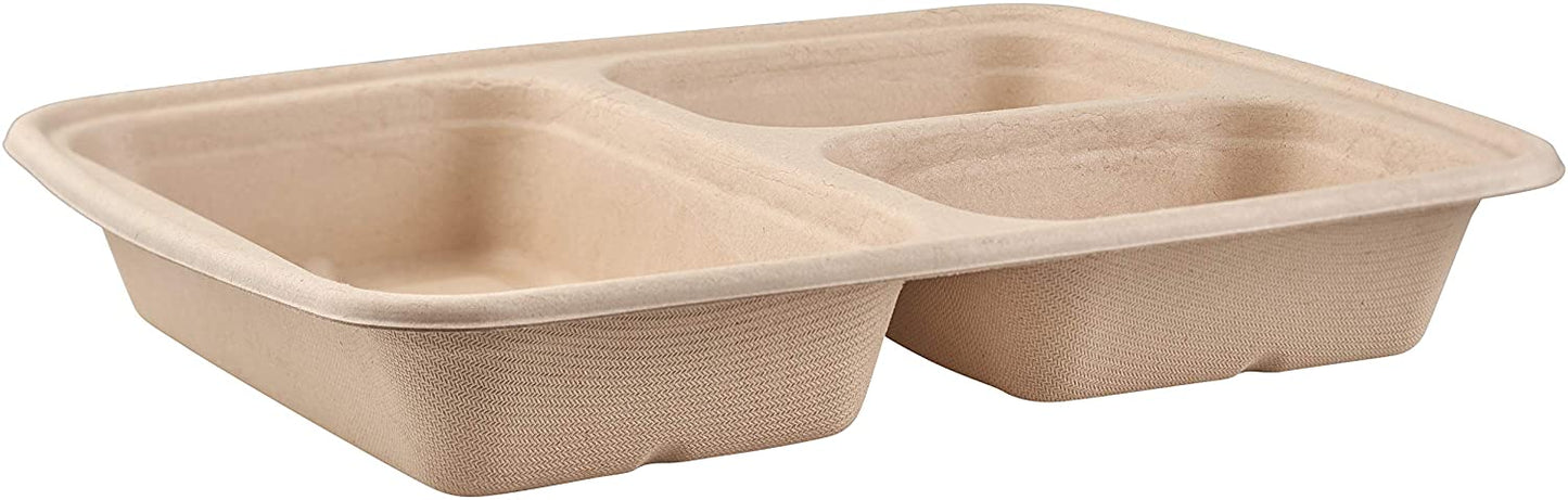 Compostable 36oz 3 Compartment Food Storage Container with Lids Sugarcane