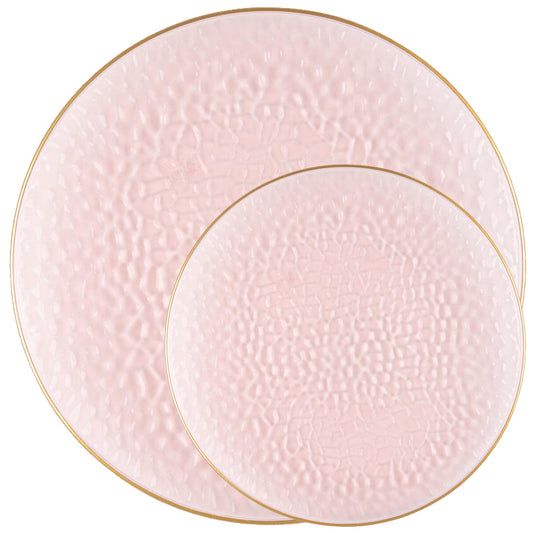 Plastic Hammered Pink Dinner Plates Gold Rim Combo Party Set