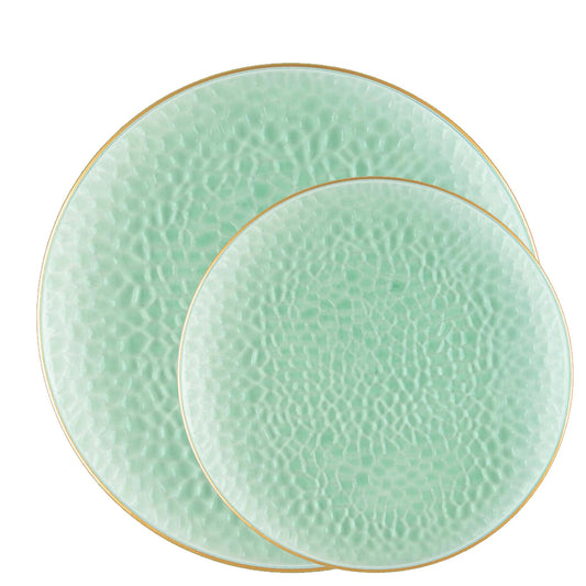 Plastic Hammered Green Lunch Plates Gold Rim Combo Party Set