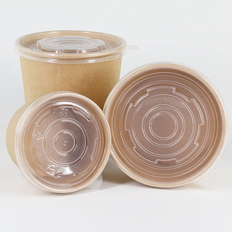 Disposable Kraft Paper Soup Containers with Plastic Lids - Kraft Paper Ice Cream Containers / Yogurt Cups with Plastic Lids (8oz, 12oz, 16oz, 26oz, 32oz)