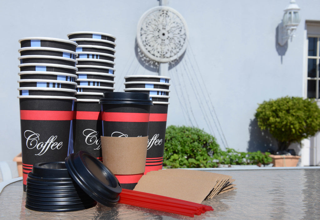 Disposable Paper Hot Cups -  Design Paper Coffee Cups with Black Dome Lids, Sleeves & Stirrers COMBO (10oz, 12oz, 16oz, 20oz)
