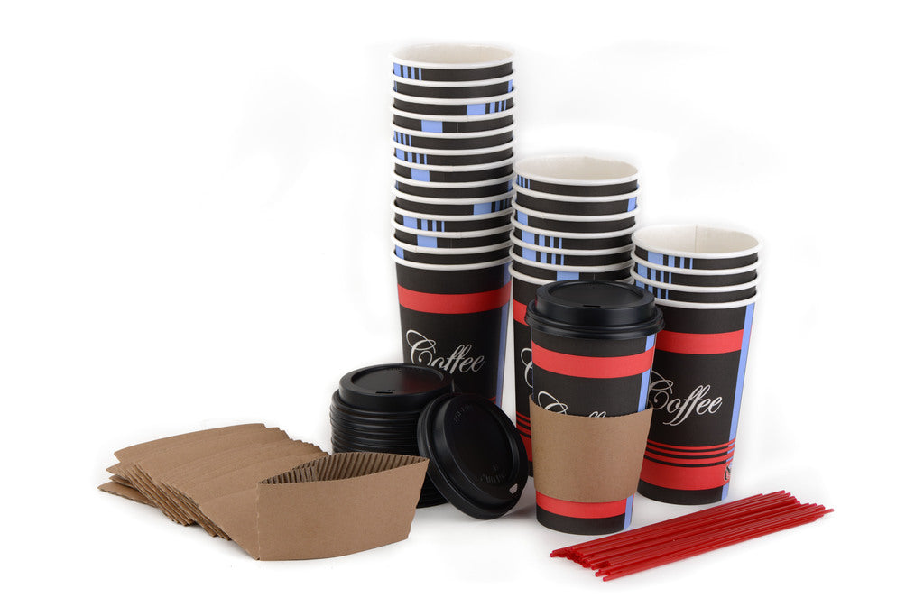Disposable Paper Hot Cups -  Design Paper Coffee Cups with Black Dome Lids, Sleeves & Stirrers COMBO (10oz, 12oz, 16oz, 20oz)