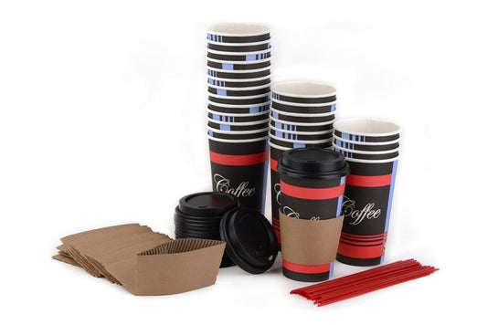Disposable Paper Hot Cups -  Design Paper Coffee Cups with Black Dome Lids, Sleeves & Stirrers COMBO (10oz, 12oz, 16oz, 20oz)