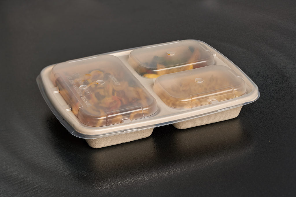 Compostable 36oz 3 Compartment Food Storage Container with Lids Sugarcane