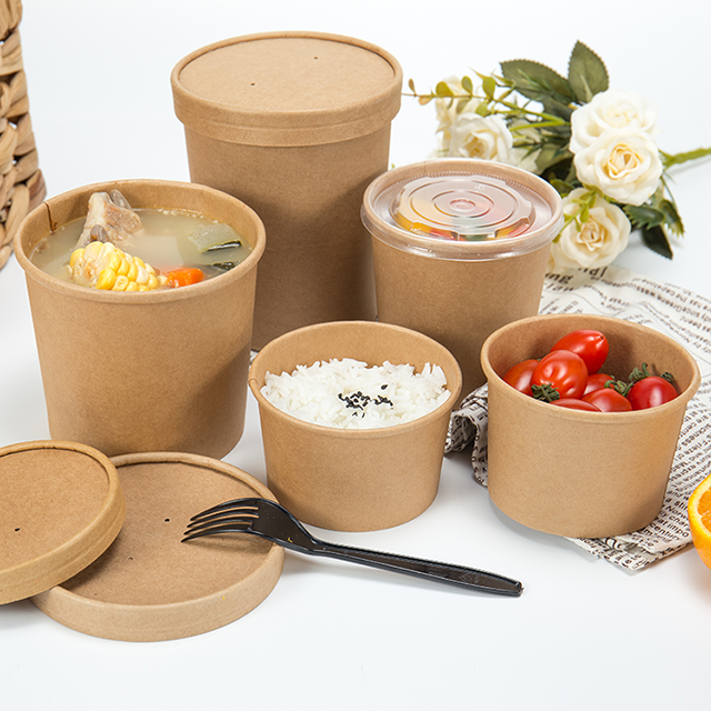 Disposable Kraft Paper Soup Containers with Plastic Lids - Kraft Paper Ice Cream Containers / Yogurt Cups with Plastic Lids (8oz, 12oz, 16oz, 26oz, 32oz)